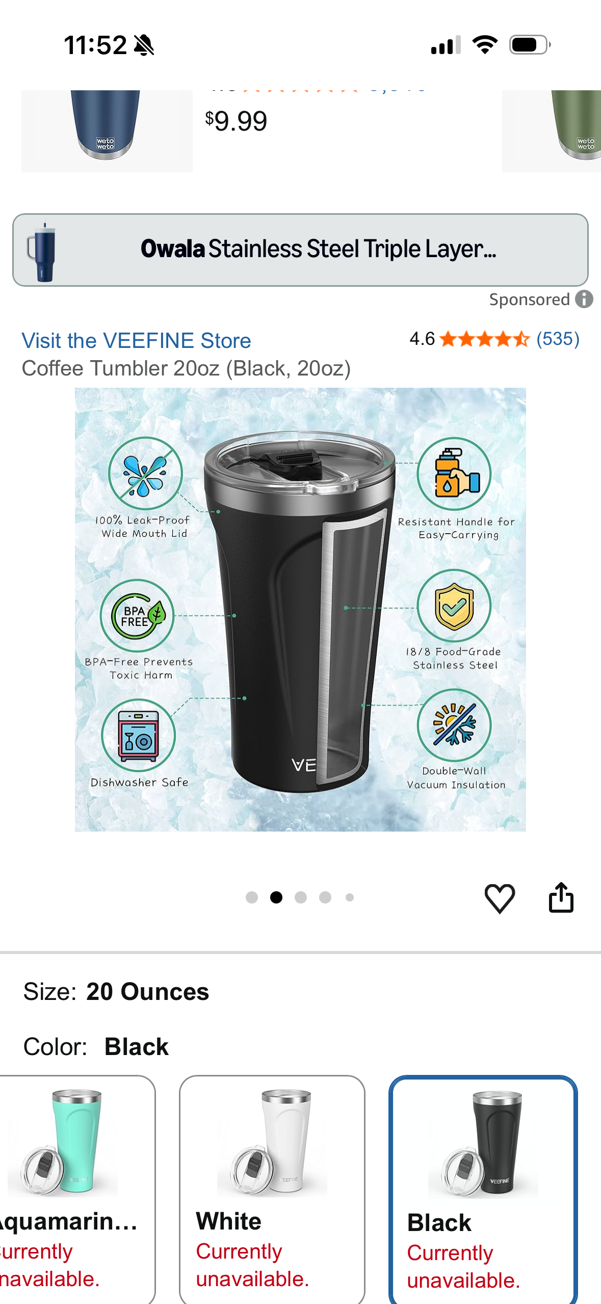 Coffee Tumbler 20oz (Black, 20oz)