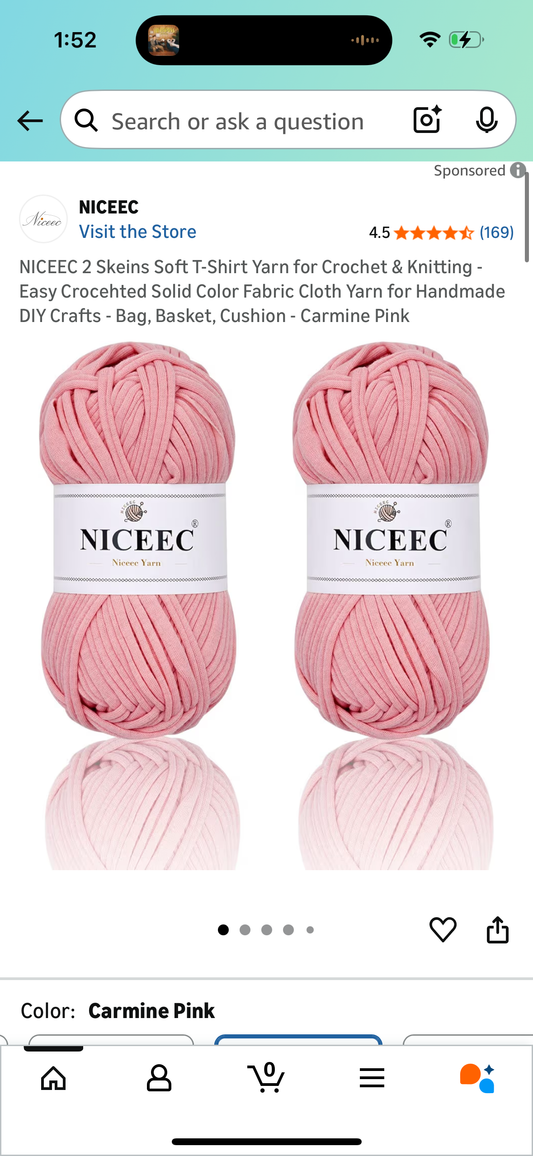 NICEEC 2 Skeins Soft T-Shirt Yarn for Crochet & Knitting -Easy Crocehted Solid Color Fabric Cloth Yarn for Handmade DIY Crafts - Bag, Basket, Cushion - Carmine Pink