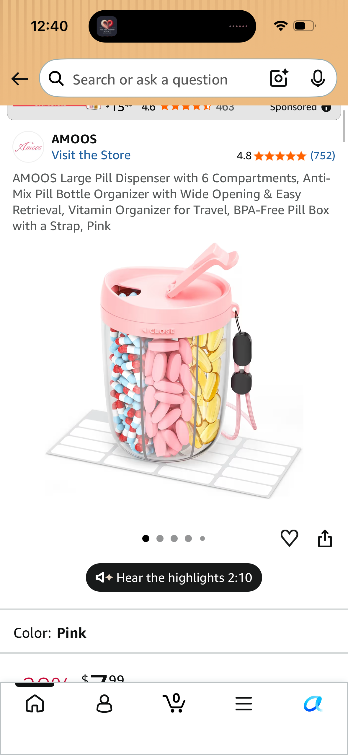 AMOOS Large Pill Dispenser with 6 Compartments, Anti-Mix Pill Bottle Organizer with Wide Opening & Easy Retrieval, Vitamin Organizer for Travel, BPA-Free Pill Box with a Strap, White