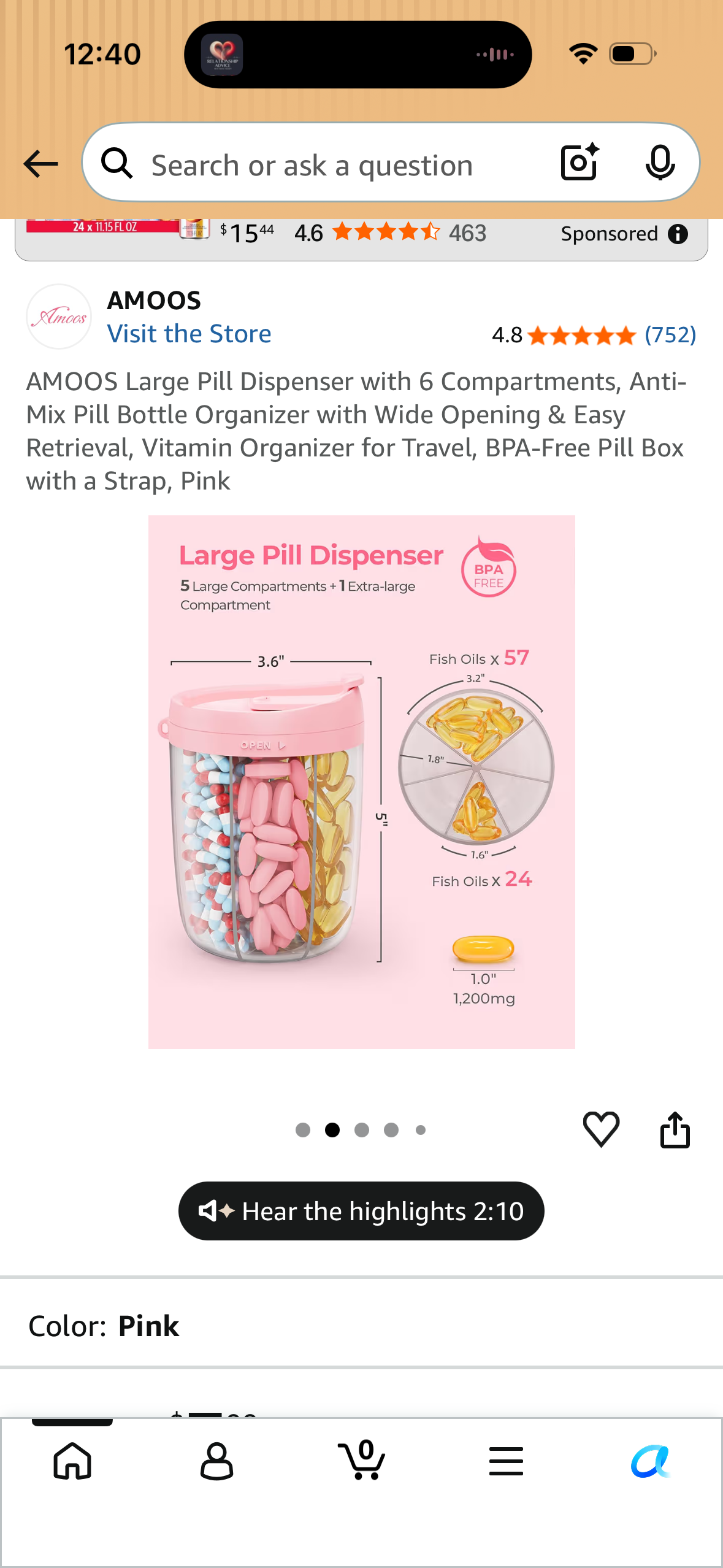 AMOOS Large Pill Dispenser with 6 Compartments, Anti-Mix Pill Bottle Organizer with Wide Opening & Easy Retrieval, Vitamin Organizer for Travel, BPA-Free Pill Box with a Strap, White