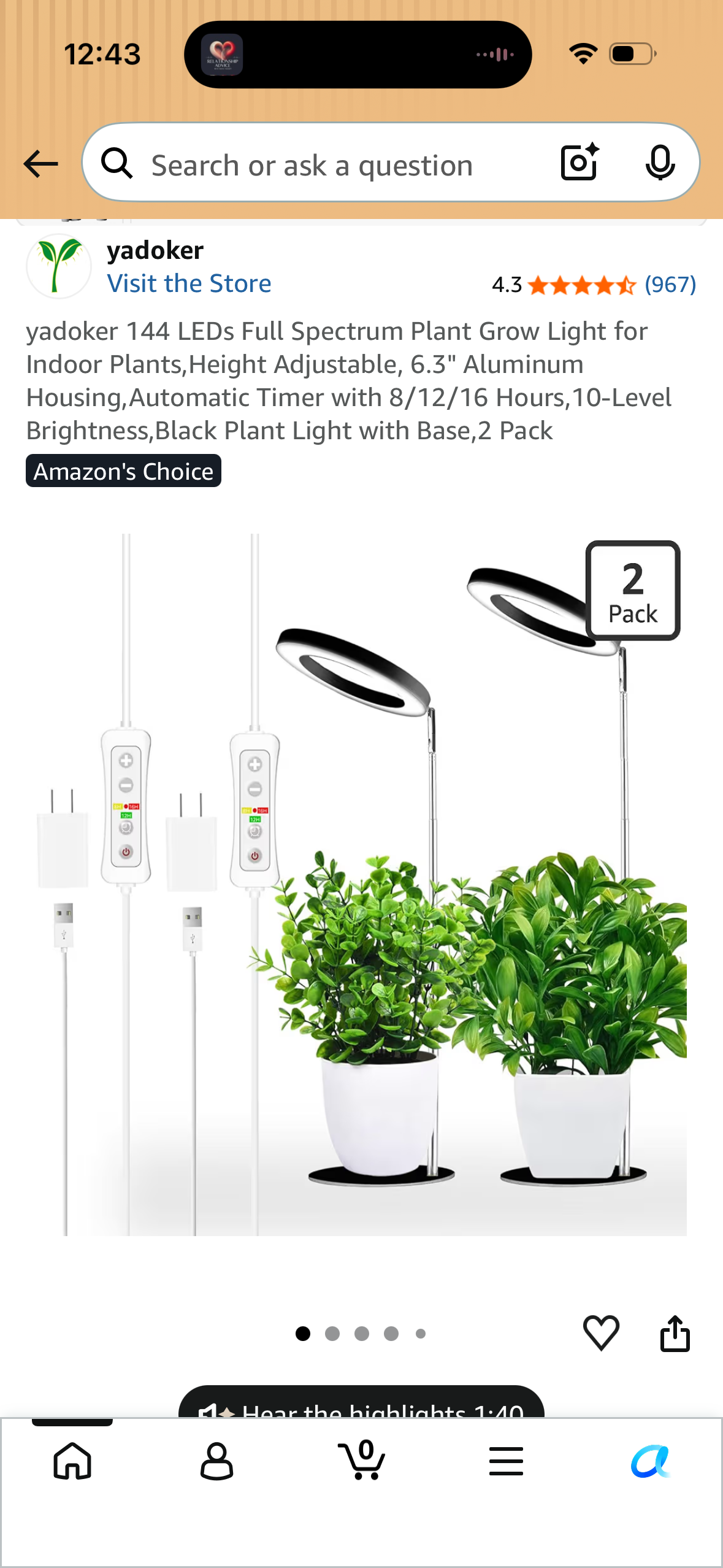 yadoker 144 LEDs Full Spectrum Plant Grow Light for Indoor Plants,Height Adjustable, 6.3" Aluminum Housing,Automatic Timer with 8/12/16 Hours,10-Level Brightness,Black Plant Light with Base,2 Pack