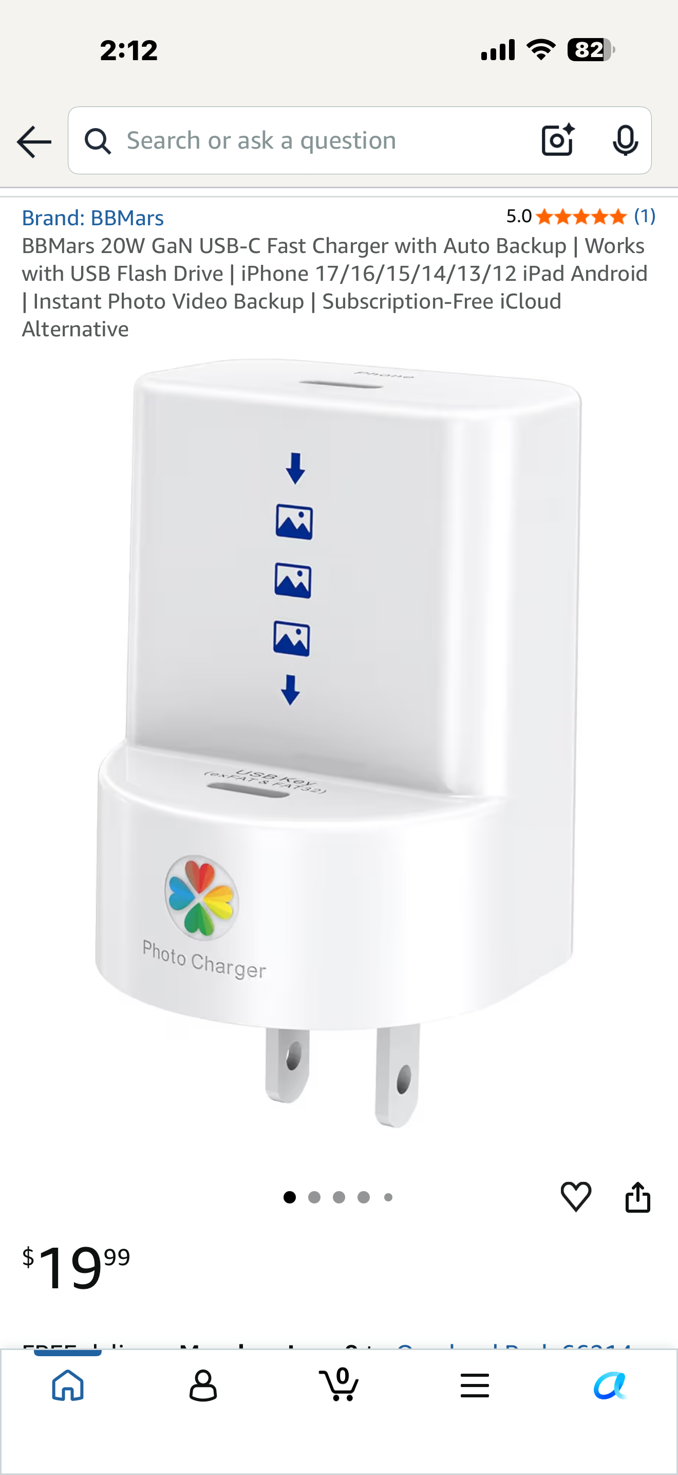 BBMars 20W GaN USB-C Fast Charger with Auto Backup | Works with USB Flash Drive | iPhone 17/16/15/14/13/12 iPad Android | Instant Photo Video Backup | Subscription-Free iCloud Alternative