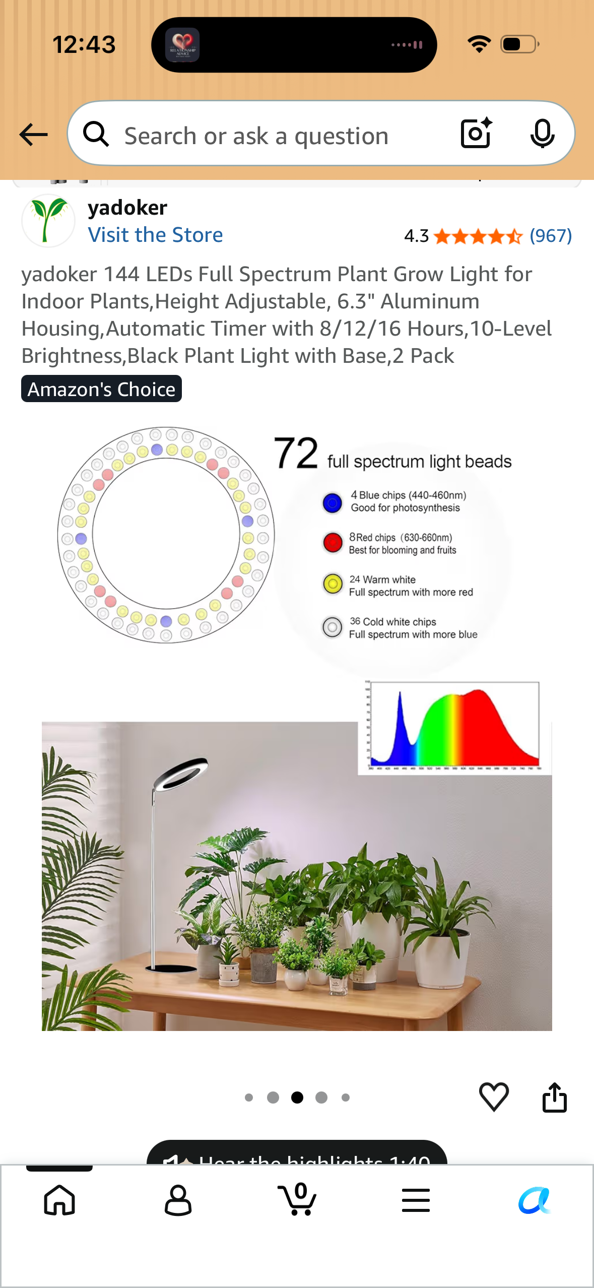 yadoker 144 LEDs Full Spectrum Plant Grow Light for Indoor Plants,Height Adjustable, 6.3" Aluminum Housing,Automatic Timer with 8/12/16 Hours,10-Level Brightness,Black Plant Light with Base,2 Pack