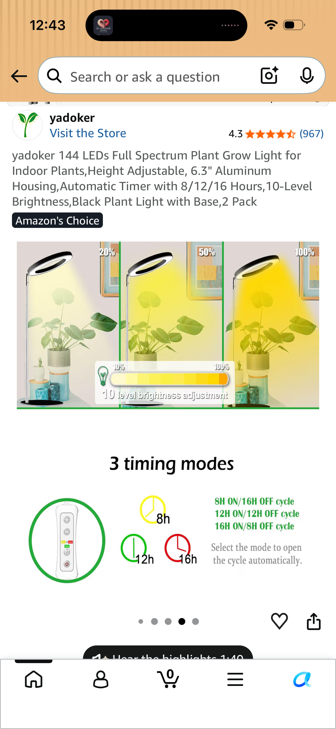 yadoker 144 LEDs Full Spectrum Plant Grow Light for Indoor Plants,Height Adjustable, 6.3" Aluminum Housing,Automatic Timer with 8/12/16 Hours,10-Level Brightness,Black Plant Light with Base,2 Pack