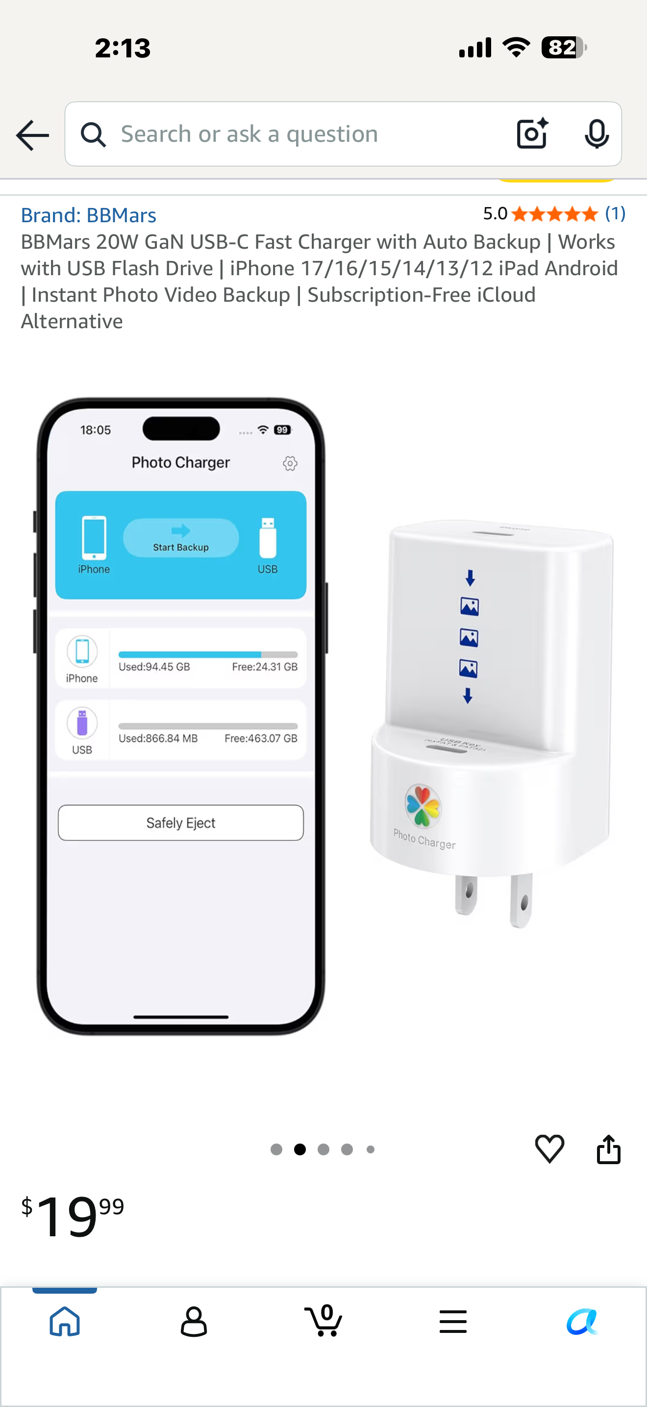 BBMars 20W GaN USB-C Fast Charger with Auto Backup | Works with USB Flash Drive | iPhone 17/16/15/14/13/12 iPad Android | Instant Photo Video Backup | Subscription-Free iCloud Alternative