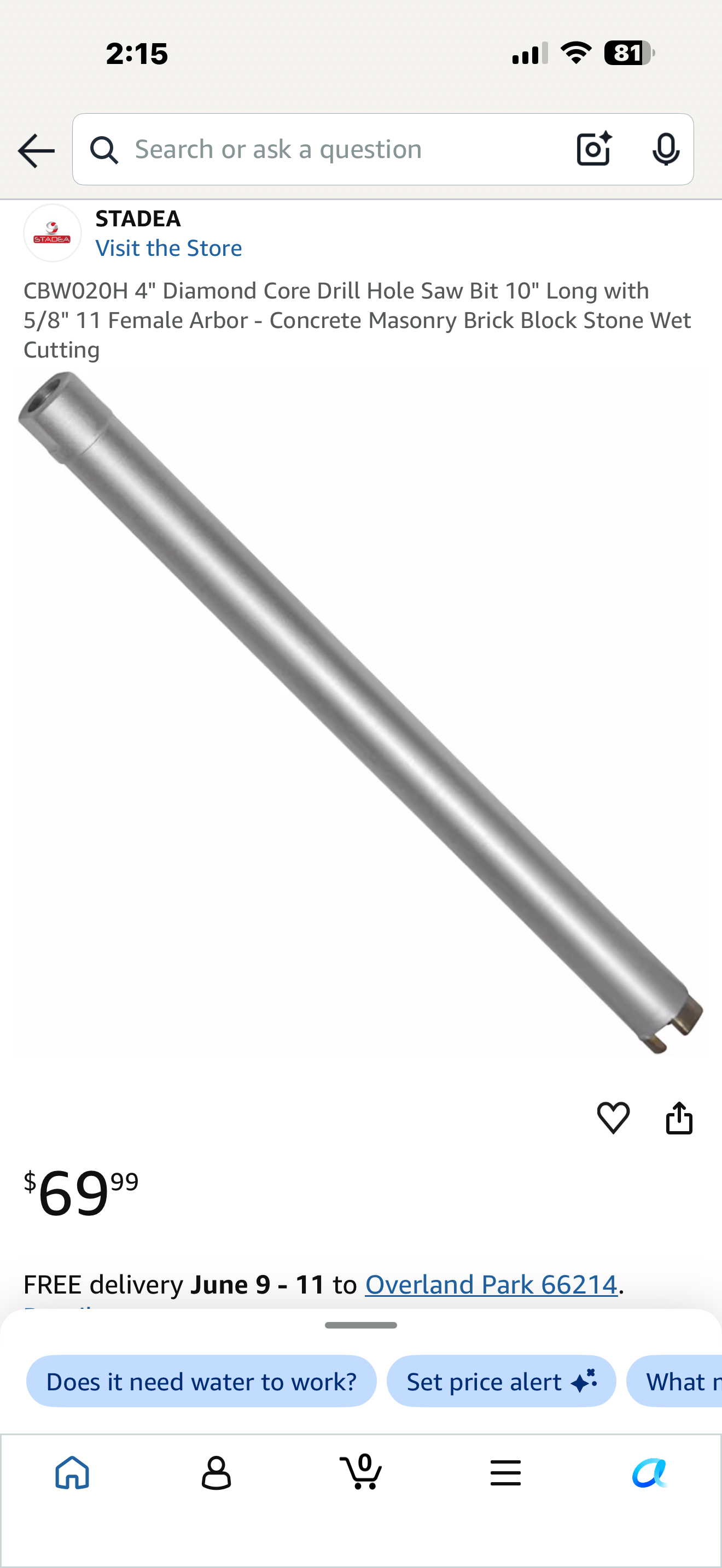 CBW020H 4" Diamond Core Drill Hole Saw Bit 10" Long with 5/8" 11 Female Arbor - Concrete Masonry Brick Block Stone Wet Cutting