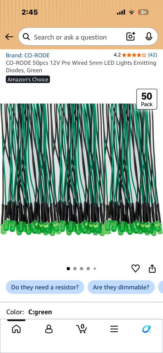 2-Pack, CO-RODE 50pcs 12V Pre Wired 5mm LED Lights Emitting Diodes, Green, 2-Pack