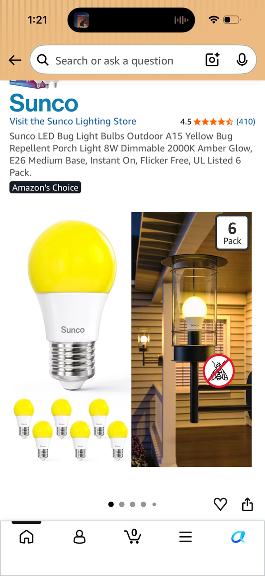 Sunco LED Bug Light Bulbs Outdoor A15 Yellow Bug Repellent Porch Light 8W Dimmable 2000K Amber Glow, E26 Medium Base, Instant On, Flicker Free, UL Listed 6 Pack.