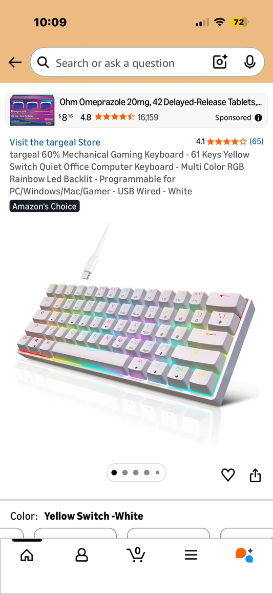 targeal 60% Mechanical Gaming Keyboard - 61 Keys Yellow Switch Quiet Office Computer Keyboard - Multi Color RGB Rainbow Led Backlit - Programmable for PC/Windows/Mac/Gamer - USB Wired - White