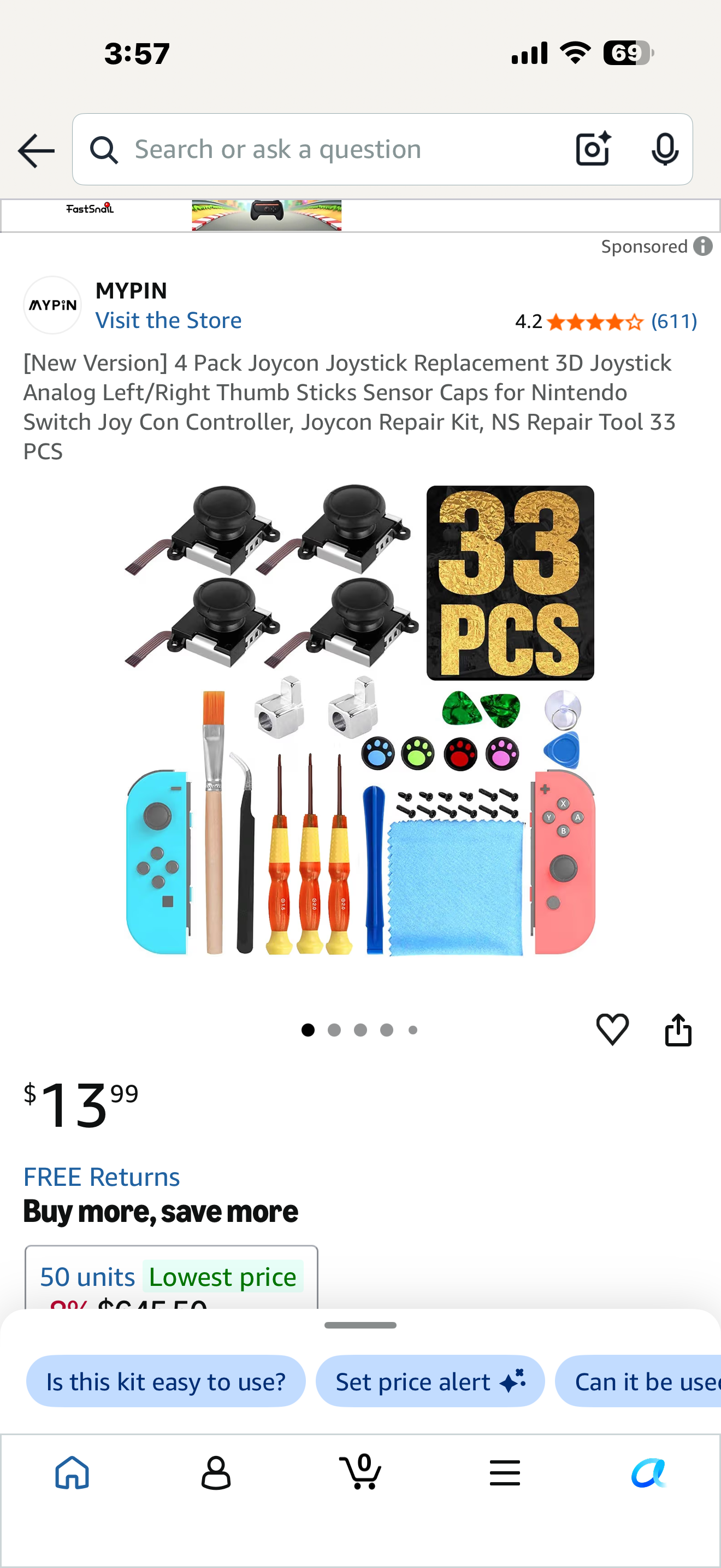 New Version] 4 Pack Joycon Joystick Replacement 3D Joystick Analog Left/Right Thumb Sticks Sensor Caps for Nintendo Switch Joy Con Controller, Joycon Repair Kit, NS Repair Tool 33 PCS