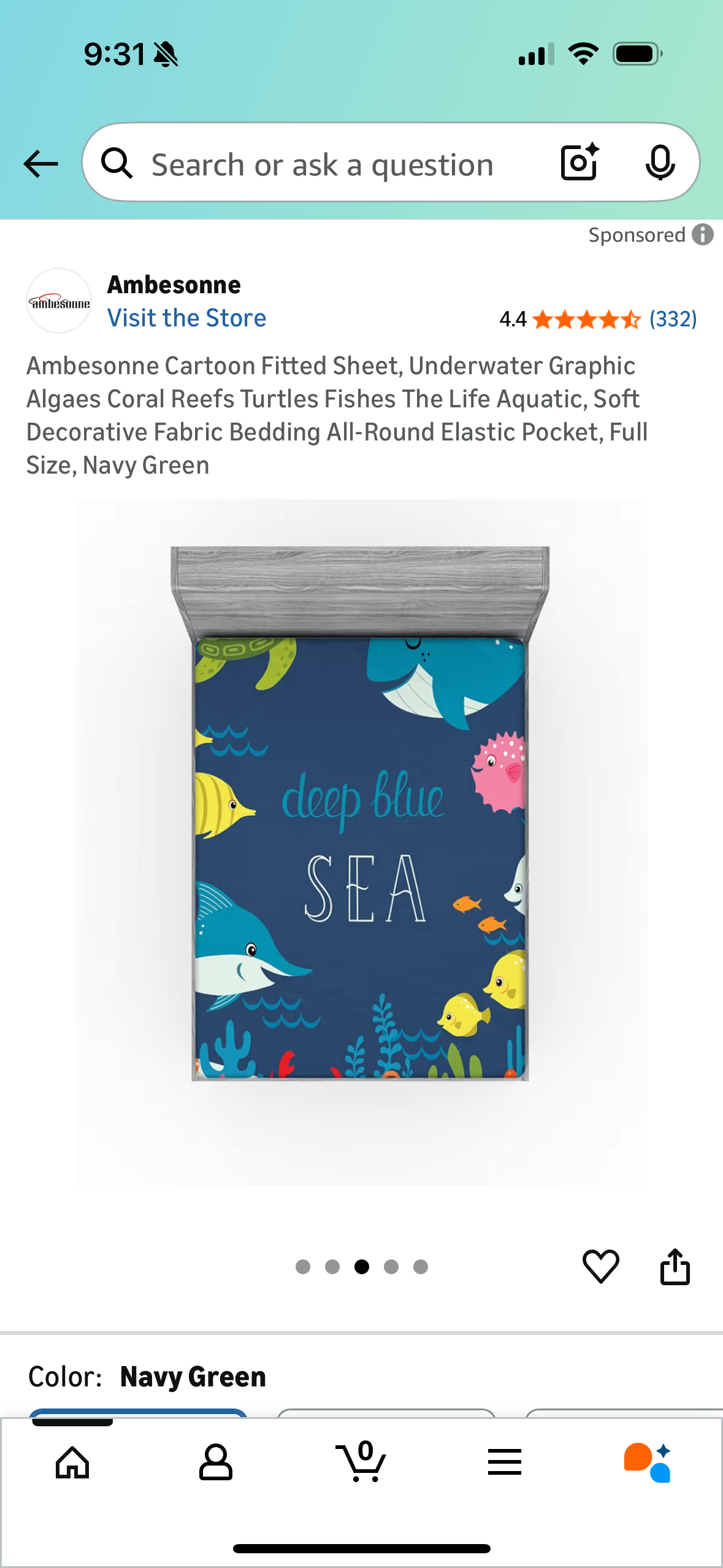 Ambesonne Cartoon Fitted Sheet, Underwater Graphic Algaes Coral Reefs Turtles Fishes The Life Aquatic, Soft Decorative Fabric Bedding All-Round Elastic Pocket, Full Size, Navy Green