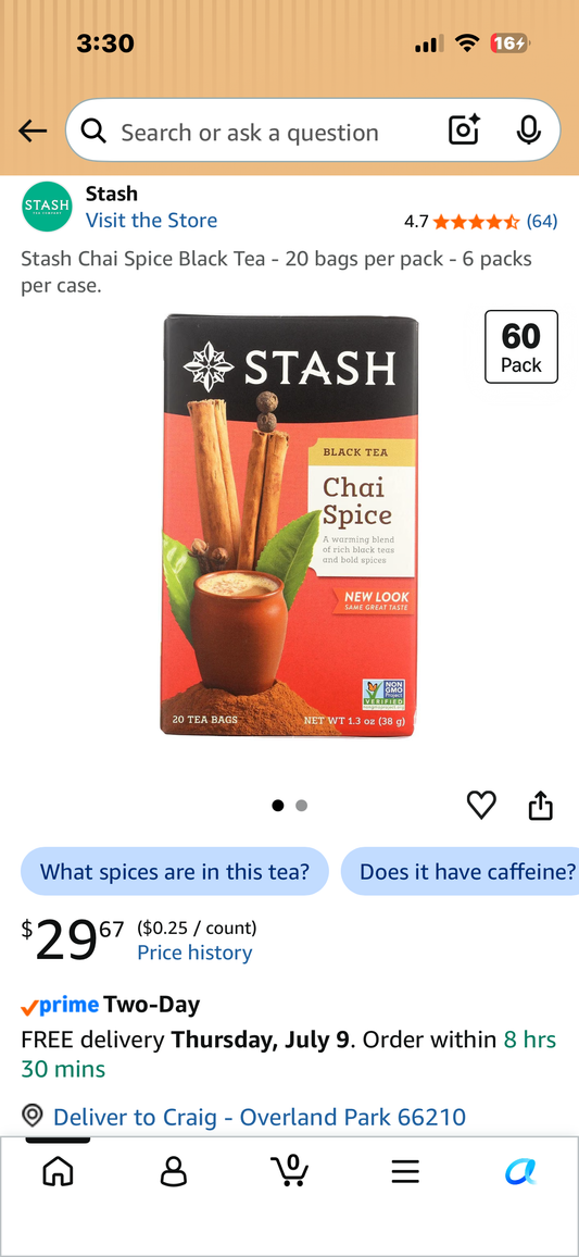 Stash Chai Spice Black Tea - 20 bags per pack - 6 packs per case.