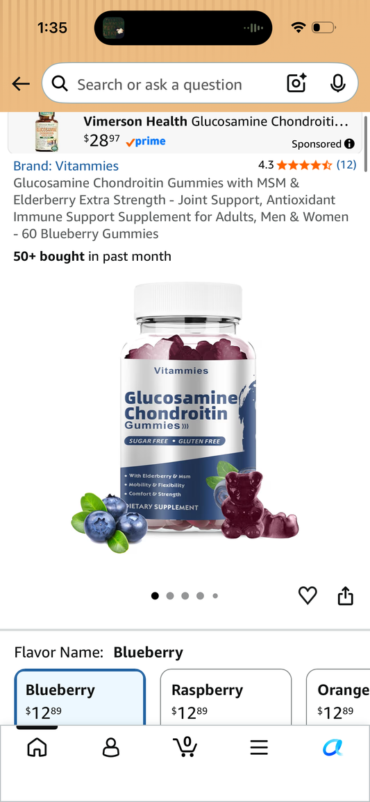 Glucosamine Chondroitin Gummies with MSM & Elderberry Extra Strength - Joint Support, Antioxidant Immune Support Supplement for Adults, Men & Women - 60 Blueberry Gummies