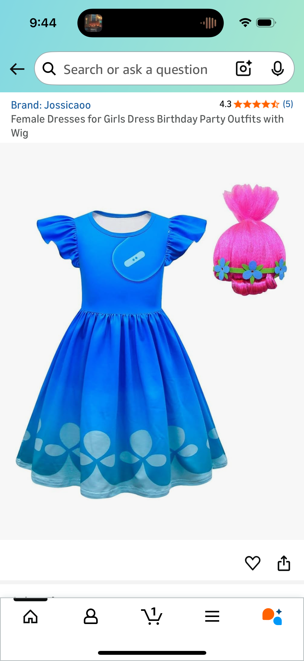 Troll Costume, Girl Dress with Wig (Sizes 3T, 4T, 5T)