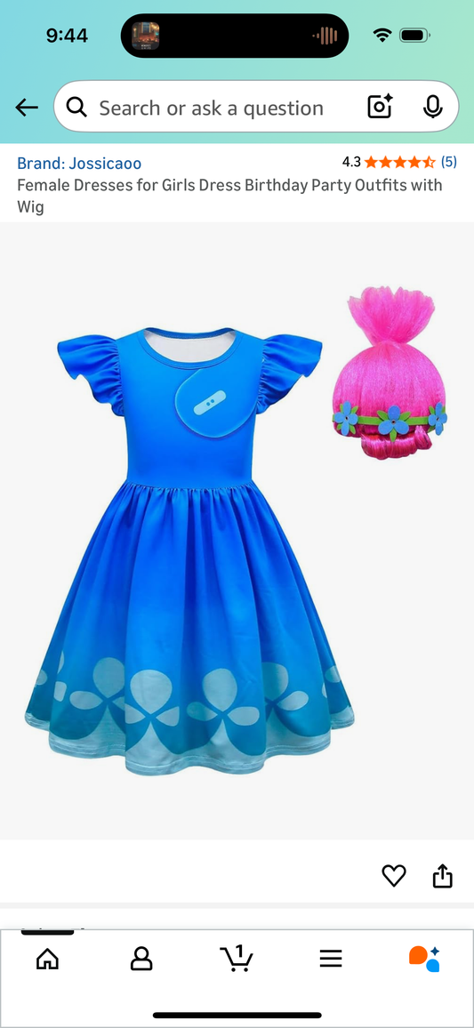 Troll Costume, Girl Dress with Wig (Sizes 3T, 4T, 5T)
