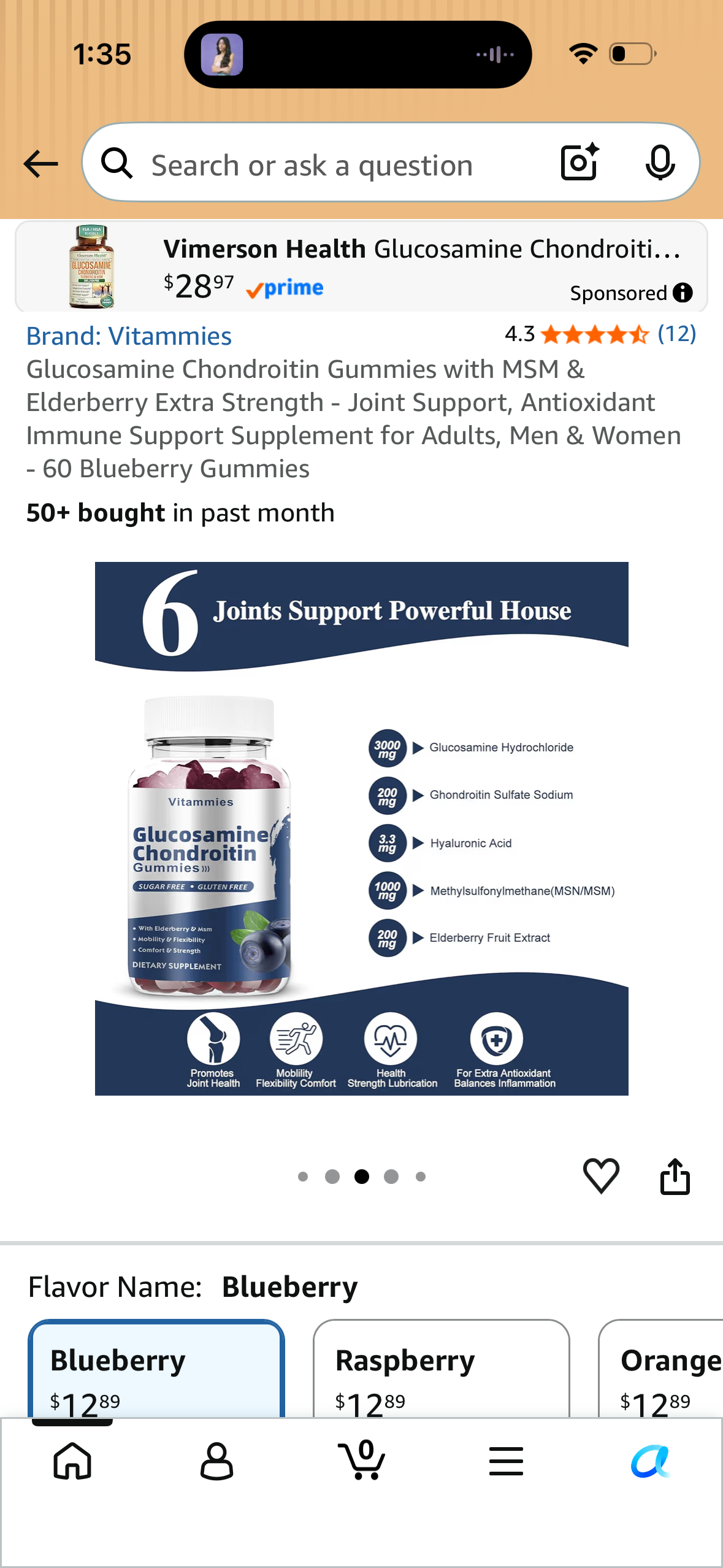 Glucosamine Chondroitin Gummies with MSM & Elderberry Extra Strength - Joint Support, Antioxidant Immune Support Supplement for Adults, Men & Women - 60 Blueberry Gummies