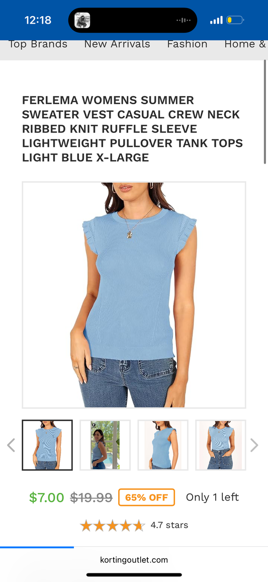 Ferlema Womens Summer Sweater Vest Casual Crew Neck Ribbed Knit Ruffle Sleeve Lightweight Pullover Tank Tops Light Blue (Large)
