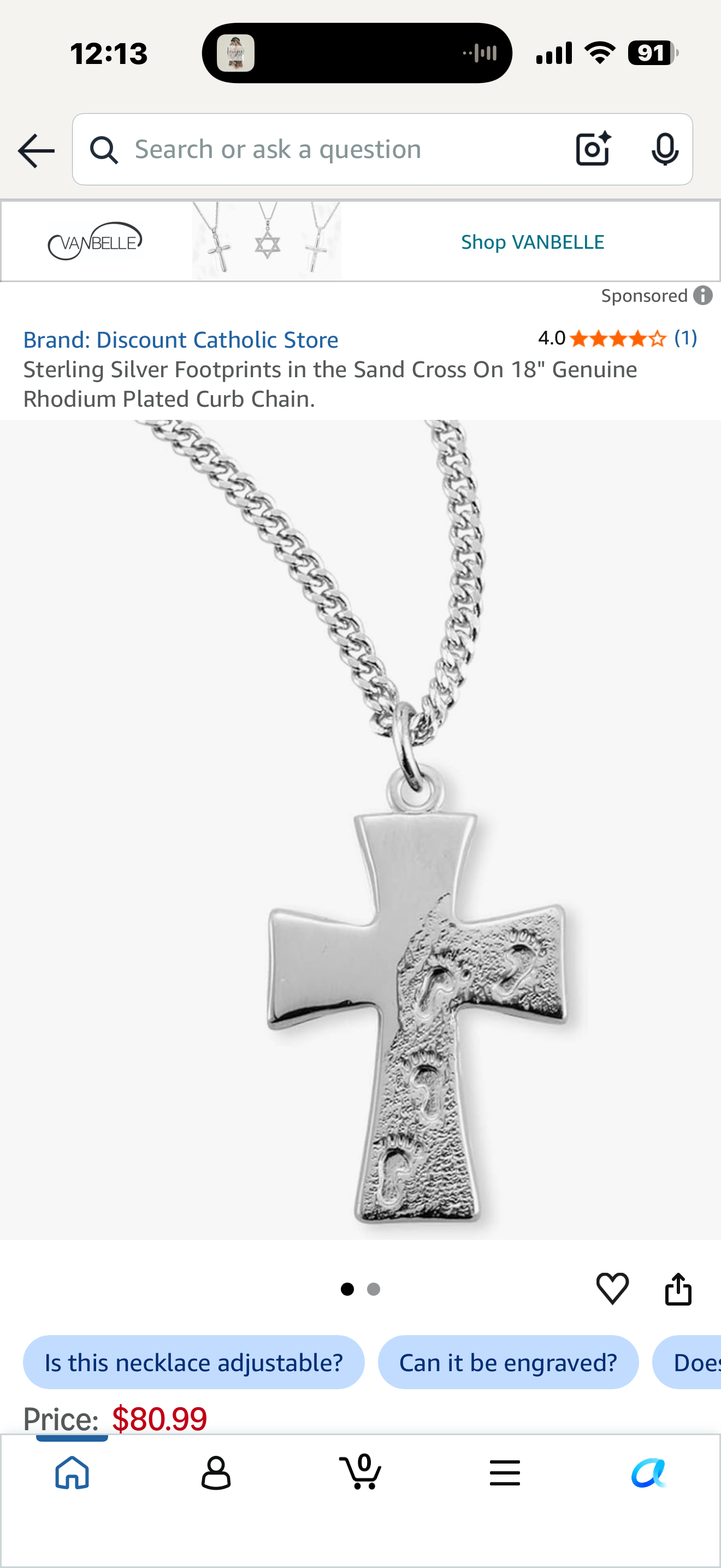 Sterling Silver Footprints in the Sand Cross On 18" Genuine Rhodium Plated Curb Chain