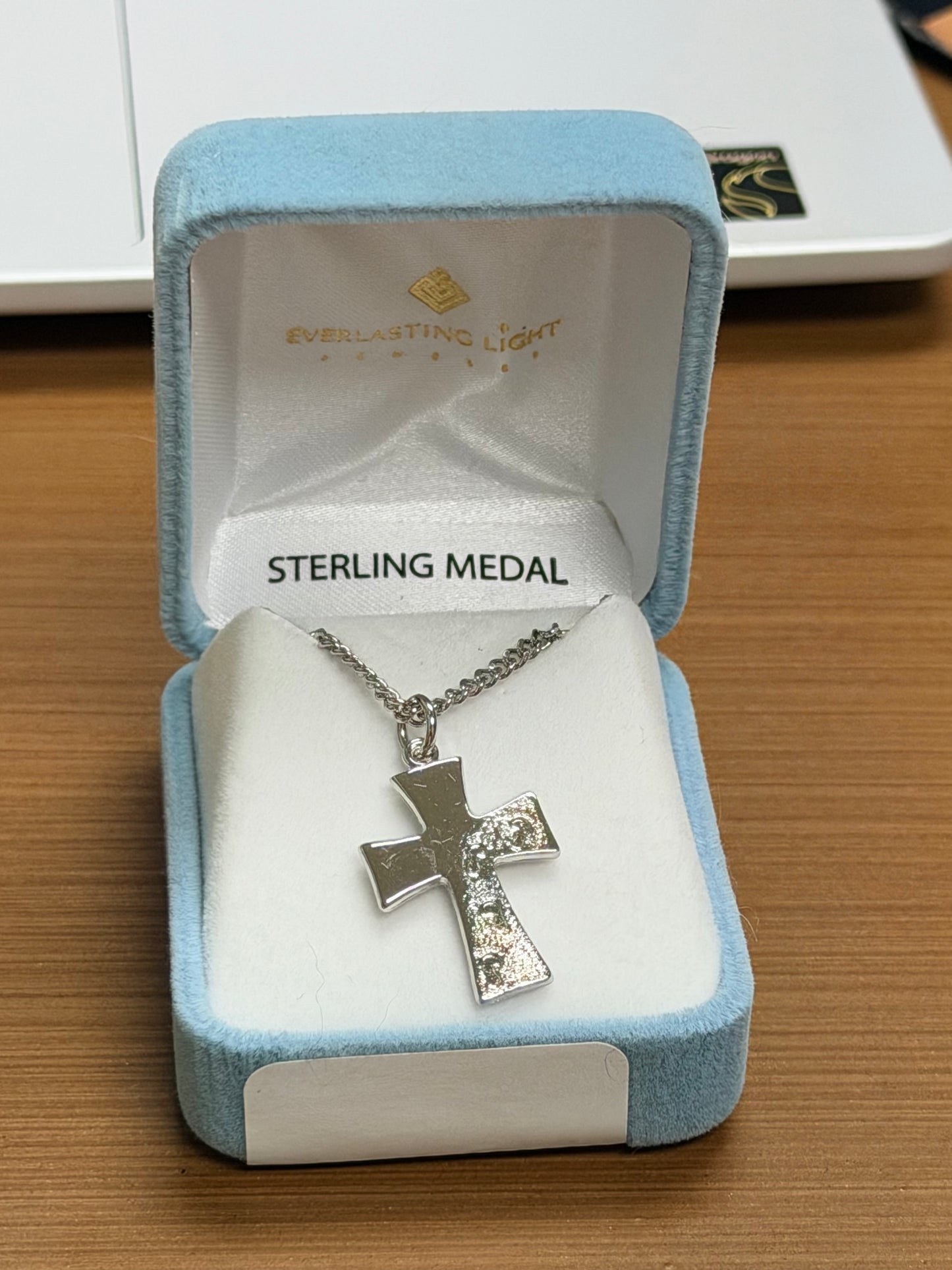 Sterling Silver Footprints in the Sand Cross On 18" Genuine Rhodium Plated Curb Chain