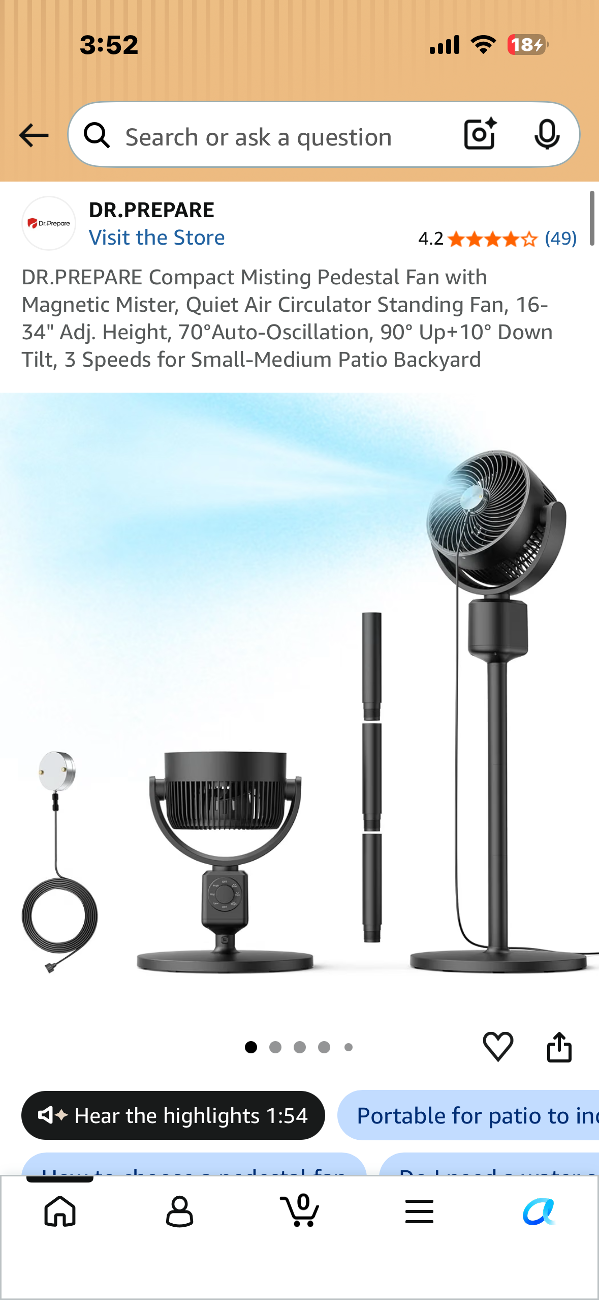 DR.PREPARE Compact Misting Pedestal Fan with Magnetic Mister, Quiet Air Circulator Standing Fan, 16-34" Adj. Height, 70°Auto-Oscillation, 90° Up+10° Down Tilt, 3 Speeds for Small‑Medium Patio Backyard