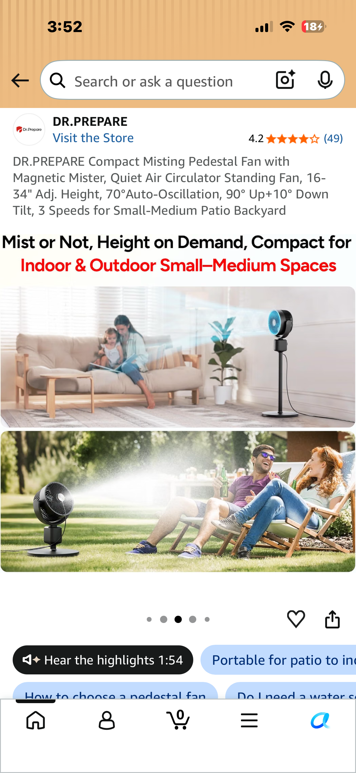 DR.PREPARE Compact Misting Pedestal Fan with Magnetic Mister, Quiet Air Circulator Standing Fan, 16-34" Adj. Height, 70°Auto-Oscillation, 90° Up+10° Down Tilt, 3 Speeds for Small‑Medium Patio Backyard