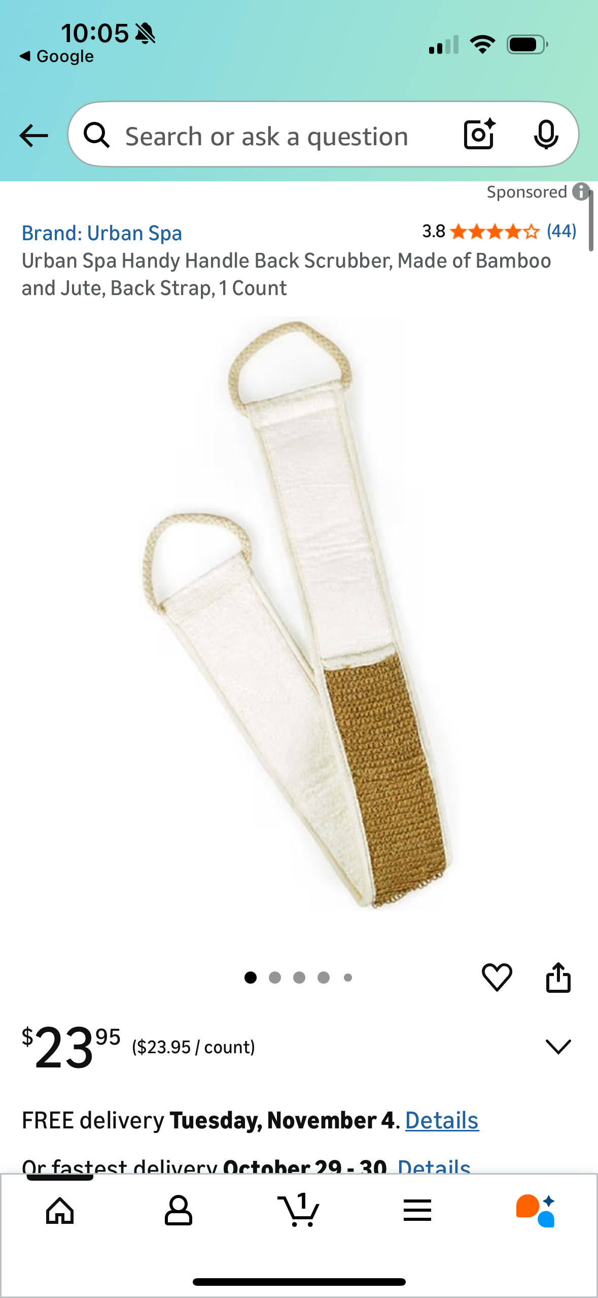 Urban Spa Handy Handle Back Scrubber, Made of Bamboo and Jute, Back Strap, 1 Count