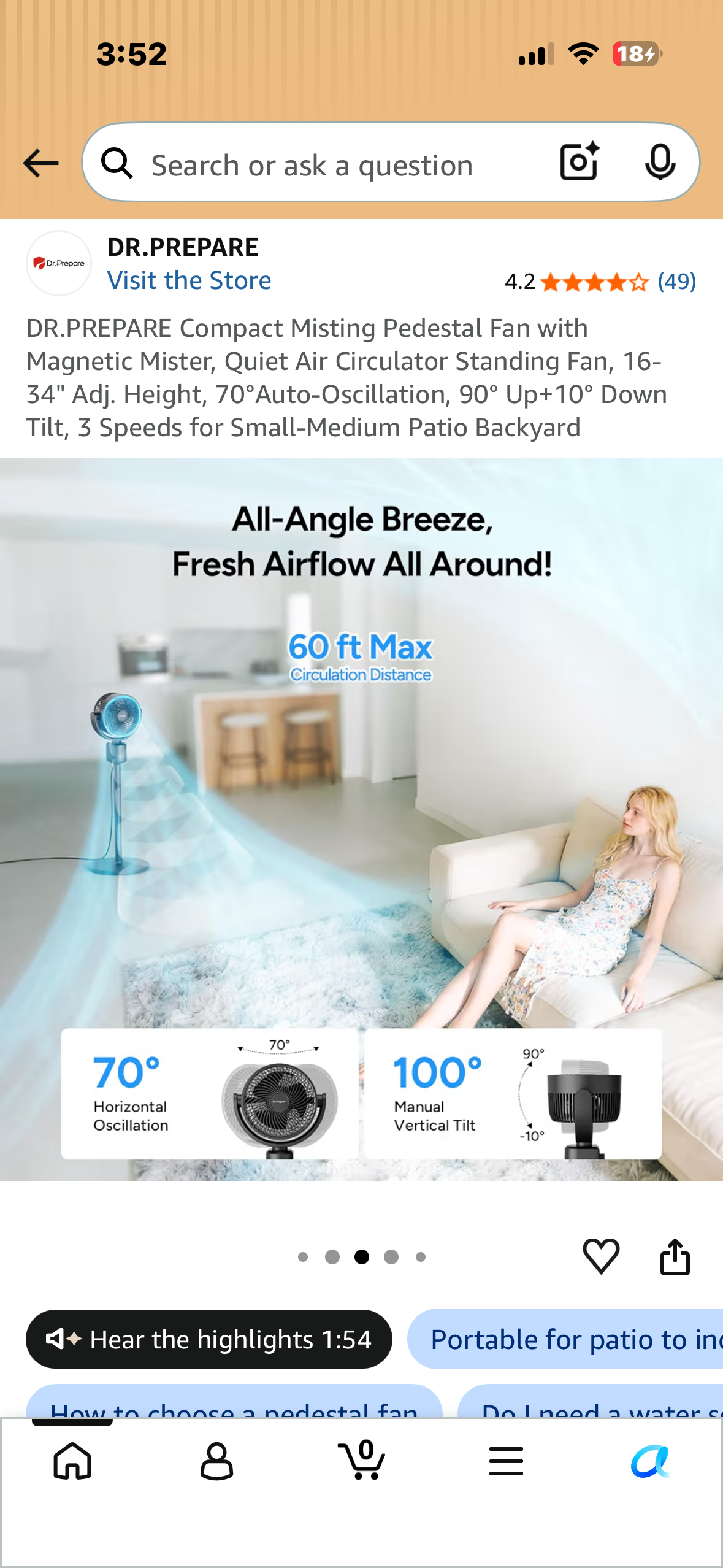 DR.PREPARE Compact Misting Pedestal Fan with Magnetic Mister, Quiet Air Circulator Standing Fan, 16-34" Adj. Height, 70°Auto-Oscillation, 90° Up+10° Down Tilt, 3 Speeds for Small‑Medium Patio Backyard