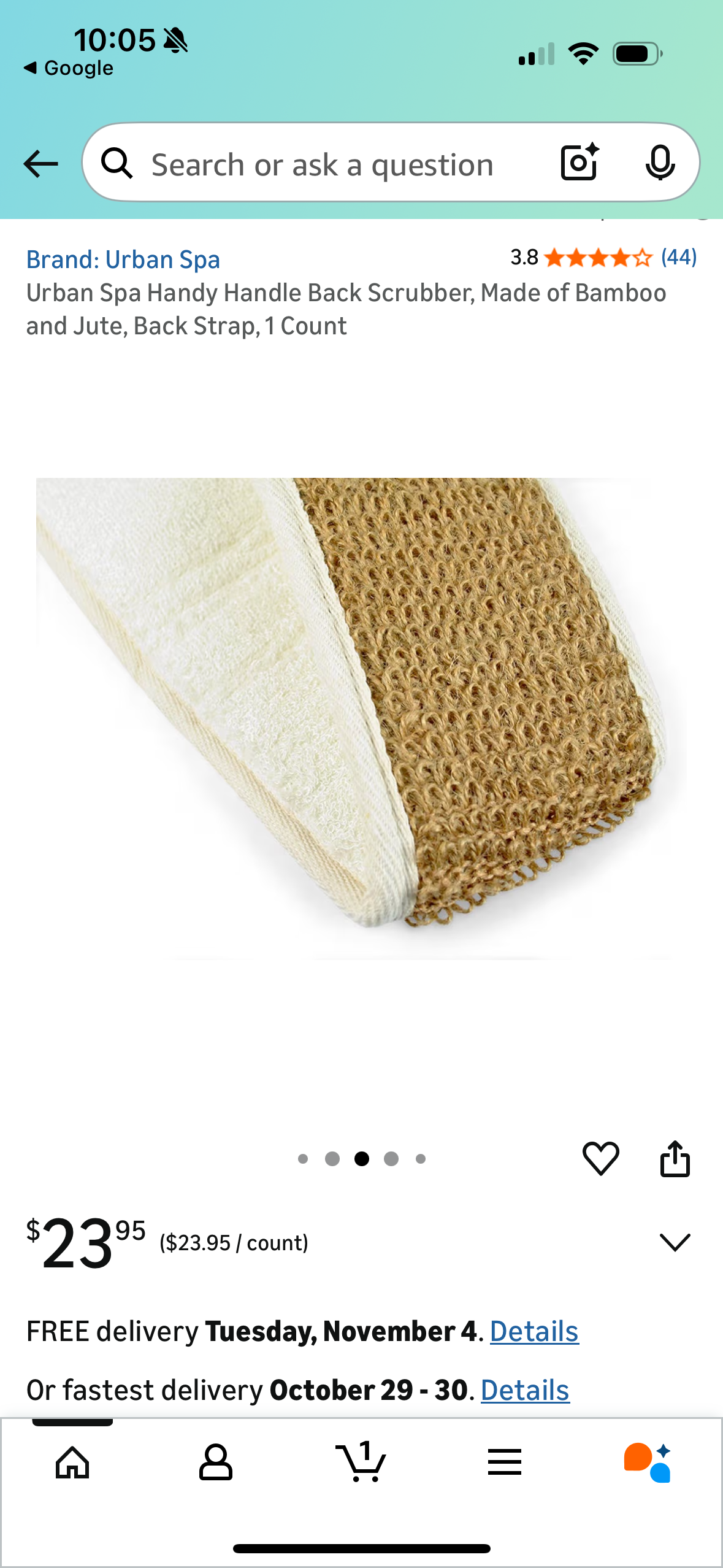Urban Spa Handy Handle Back Scrubber, Made of Bamboo and Jute, Back Strap, 1 Count