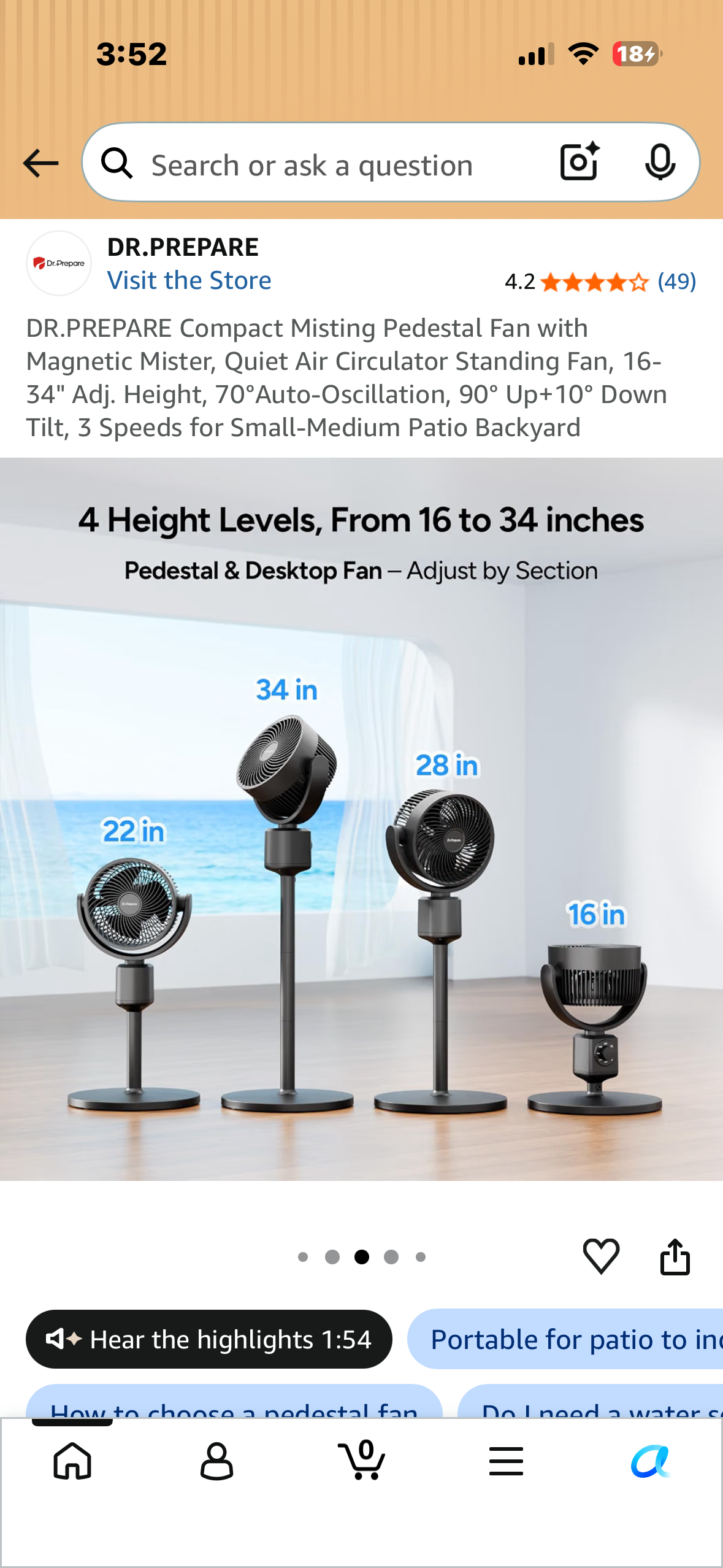 DR.PREPARE Compact Misting Pedestal Fan with Magnetic Mister, Quiet Air Circulator Standing Fan, 16-34" Adj. Height, 70°Auto-Oscillation, 90° Up+10° Down Tilt, 3 Speeds for Small‑Medium Patio Backyard