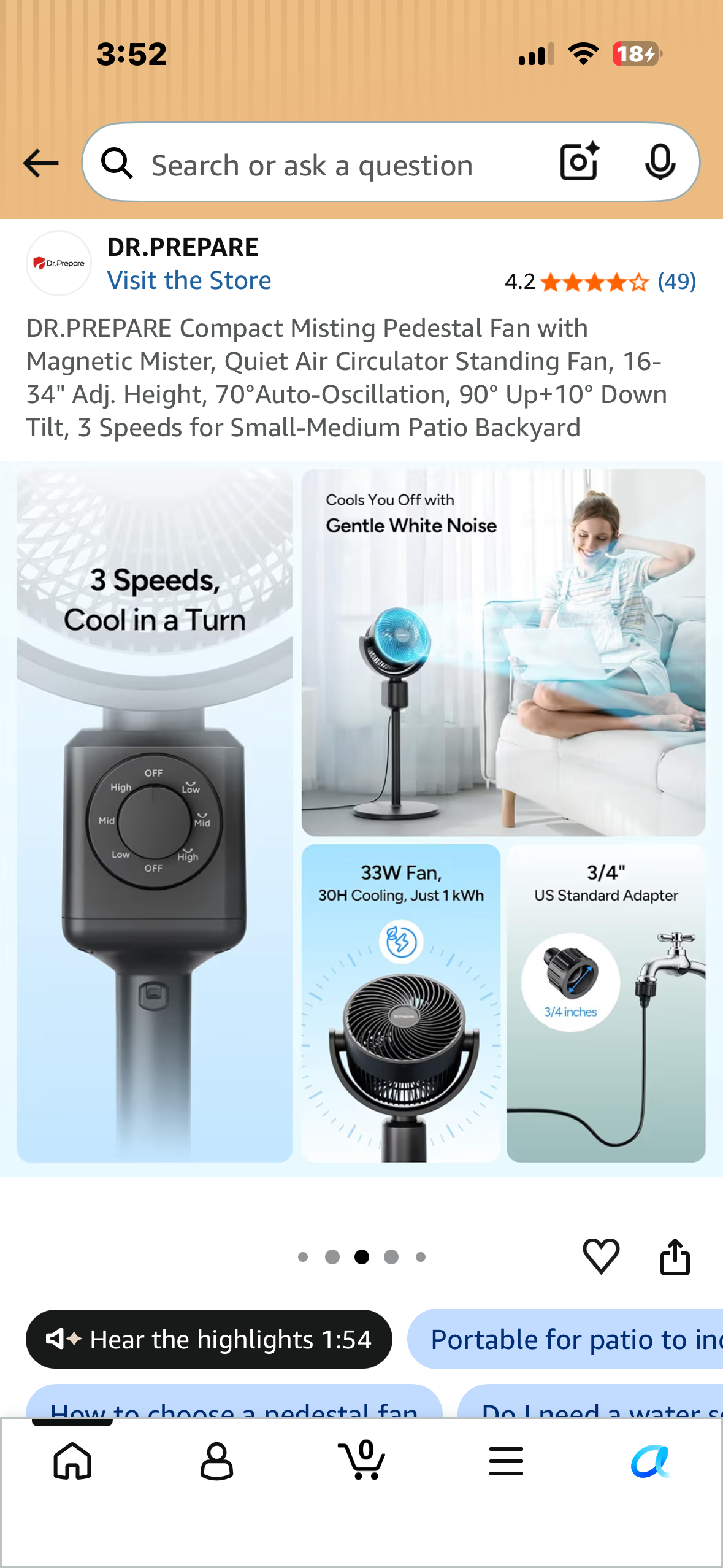 DR.PREPARE Compact Misting Pedestal Fan with Magnetic Mister, Quiet Air Circulator Standing Fan, 16-34" Adj. Height, 70°Auto-Oscillation, 90° Up+10° Down Tilt, 3 Speeds for Small‑Medium Patio Backyard