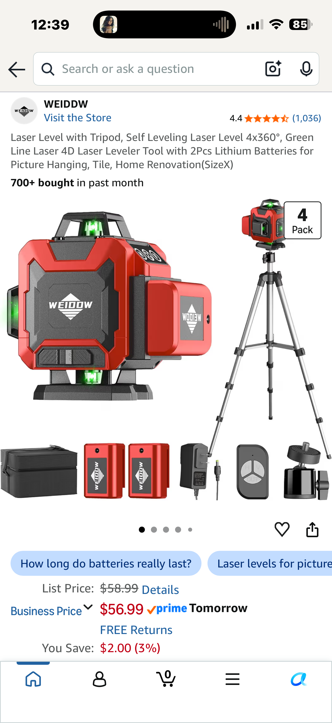 Laser Level with Tripod, Self Leveling Laser Level 4x360°, Green Line Laser 4D Laser Leveler Tool with 2Pcs Lithium Batteries for Picture Hanging, Tile, Home Renovation