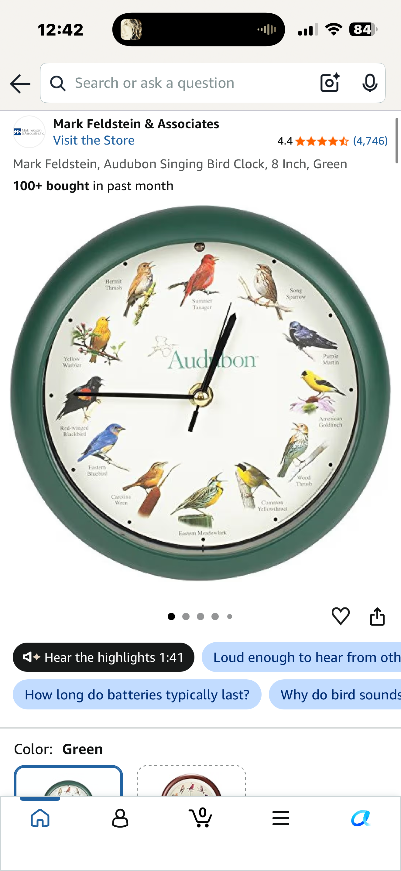 Mark Feldstein, Audubon Singing Bird Clock, 8 Inch, Green