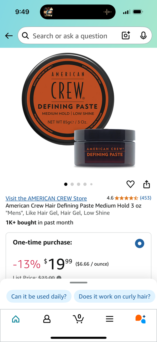 American Crew Hair Defining Paste Medium Hold 3 oz "Mens", Like Hair Gel, Hair Gel, Low Shine