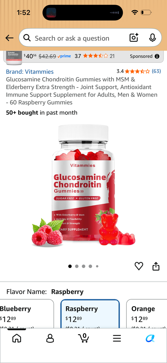 Glucosamine Chondroitin Gummies with MSM & Elderberry Extra Strength - Joint Support, Antioxidant Immune Support Supplement for Adults, Men & Women - 60 Raspberry Gummies