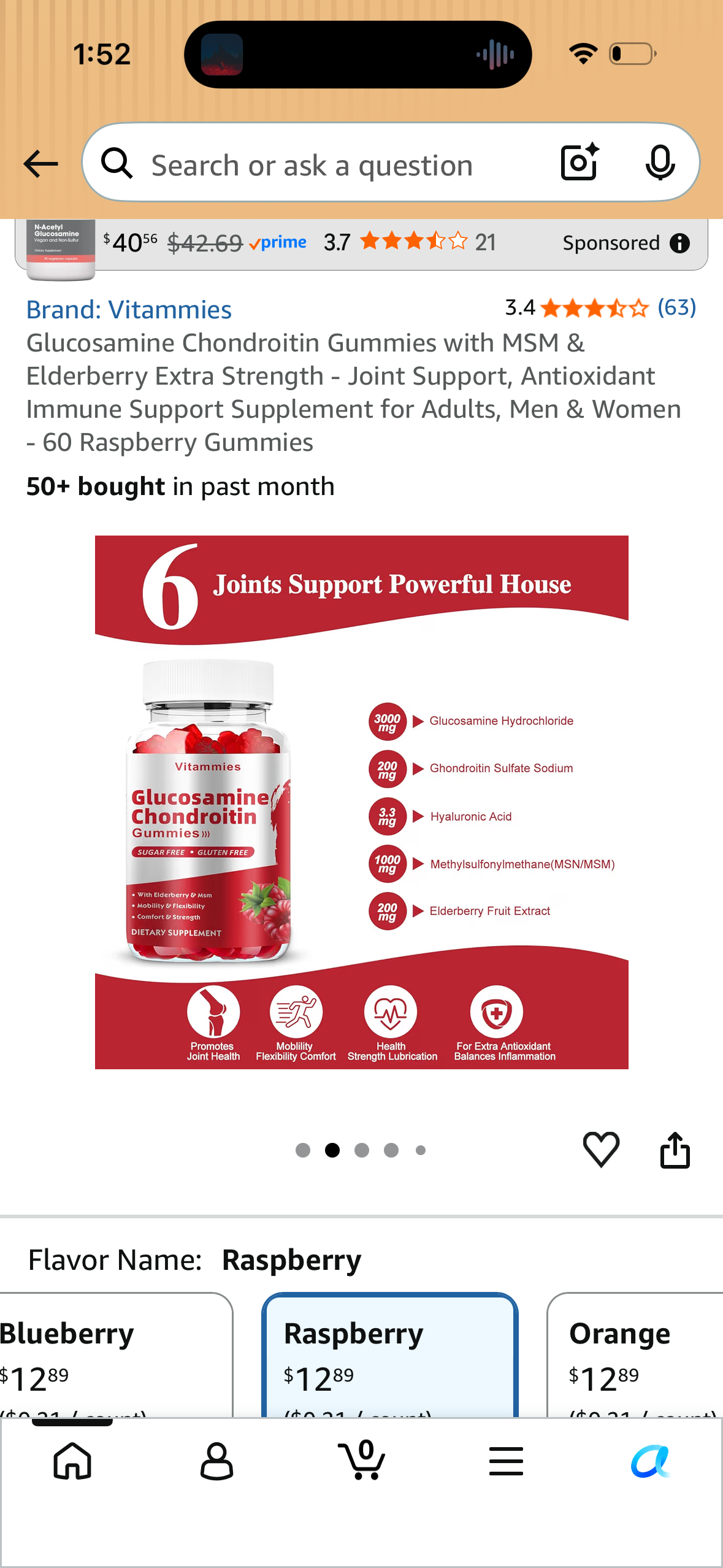 Glucosamine Chondroitin Gummies with MSM & Elderberry Extra Strength - Joint Support, Antioxidant Immune Support Supplement for Adults, Men & Women - 60 Raspberry Gummies