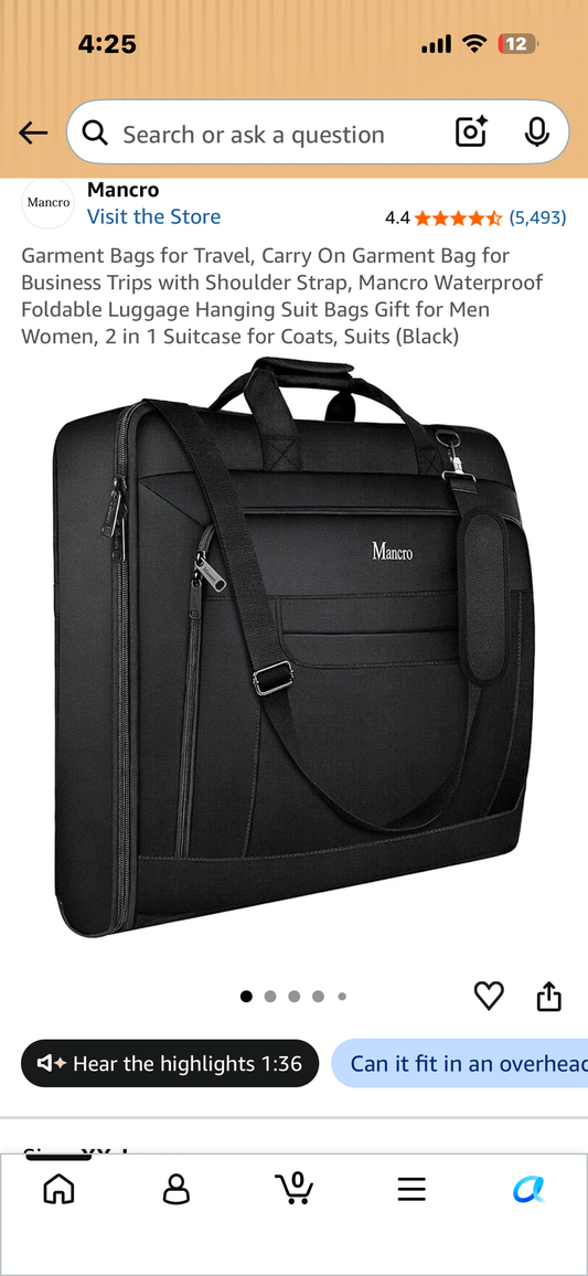 Garment Bag for Travel, Carry On Garment Bag with Shoulder Strap, Mancro Waterproof, Foldable Luggage Hanging Suit Bag, 2 in 1 Suitcase for Coats, Suits (Black)