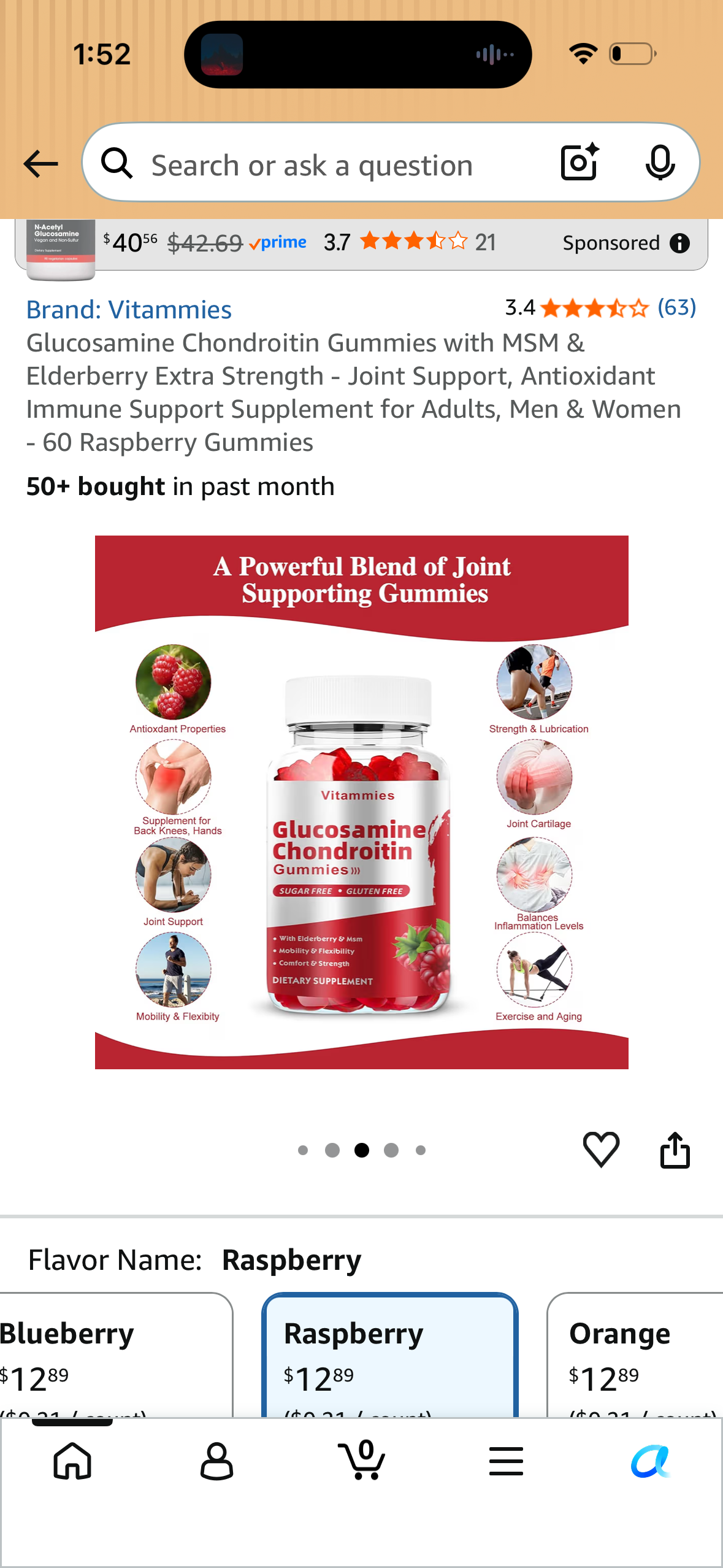Glucosamine Chondroitin Gummies with MSM & Elderberry Extra Strength - Joint Support, Antioxidant Immune Support Supplement for Adults, Men & Women - 60 Raspberry Gummies