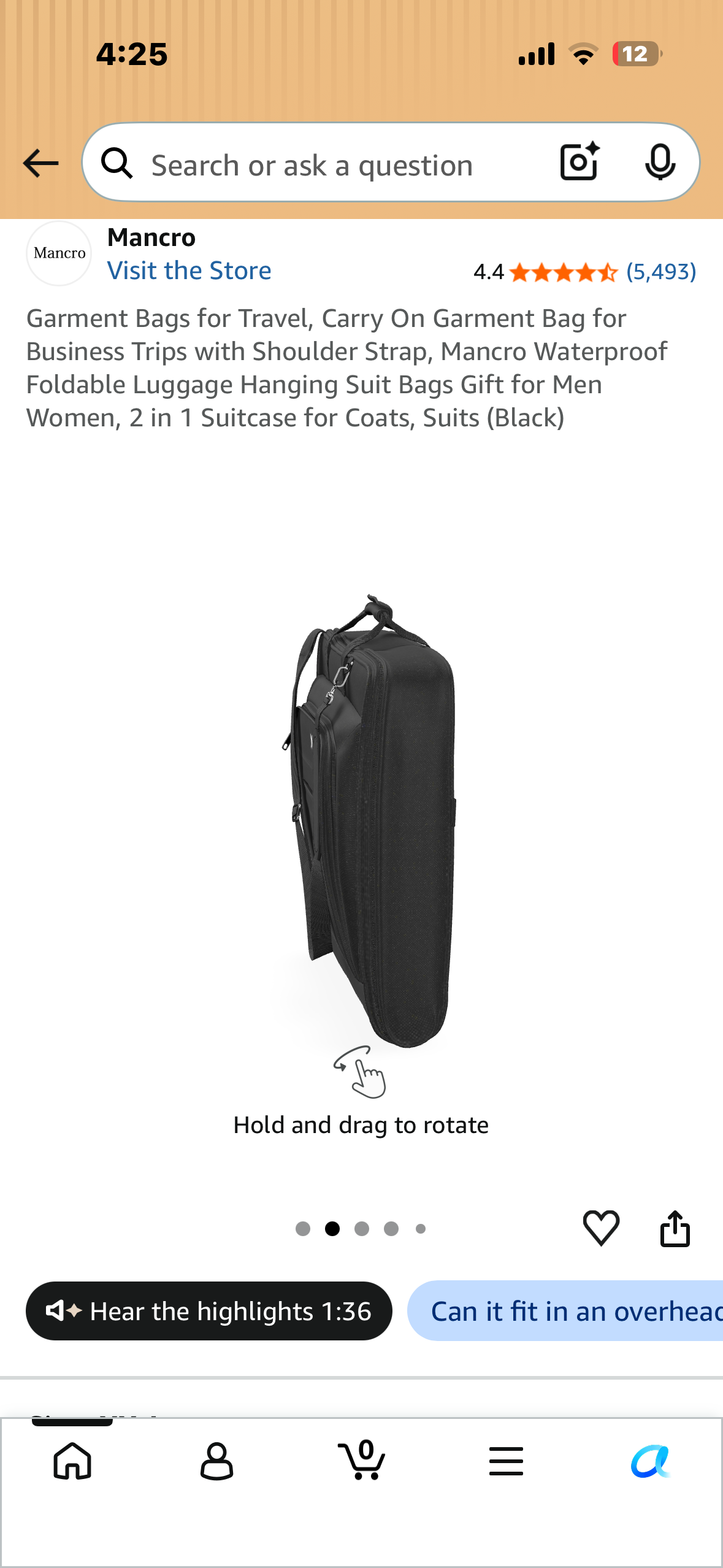 Garment Bag for Travel, Carry On Garment Bag with Shoulder Strap, Mancro Waterproof, Foldable Luggage Hanging Suit Bag, 2 in 1 Suitcase for Coats, Suits (Black)