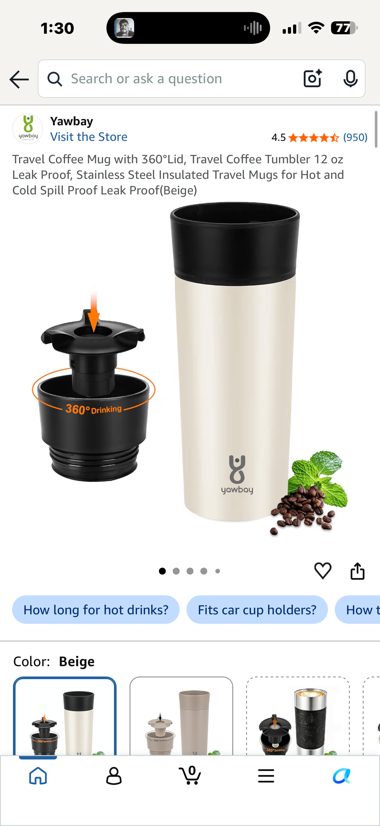 Travel Coffee Mug with 360°Lid, Travel Coffee Tumbler 12 oz Leak Proof, Stainless Steel Insulated Travel Mugs for Hot and Cold Spill Proof Leak Proof(Beige)