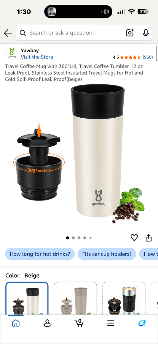 Travel Coffee Mug with 360°Lid, Travel Coffee Tumbler 12 oz Leak Proof, Stainless Steel Insulated Travel Mugs for Hot and Cold Spill Proof Leak Proof(Beige)