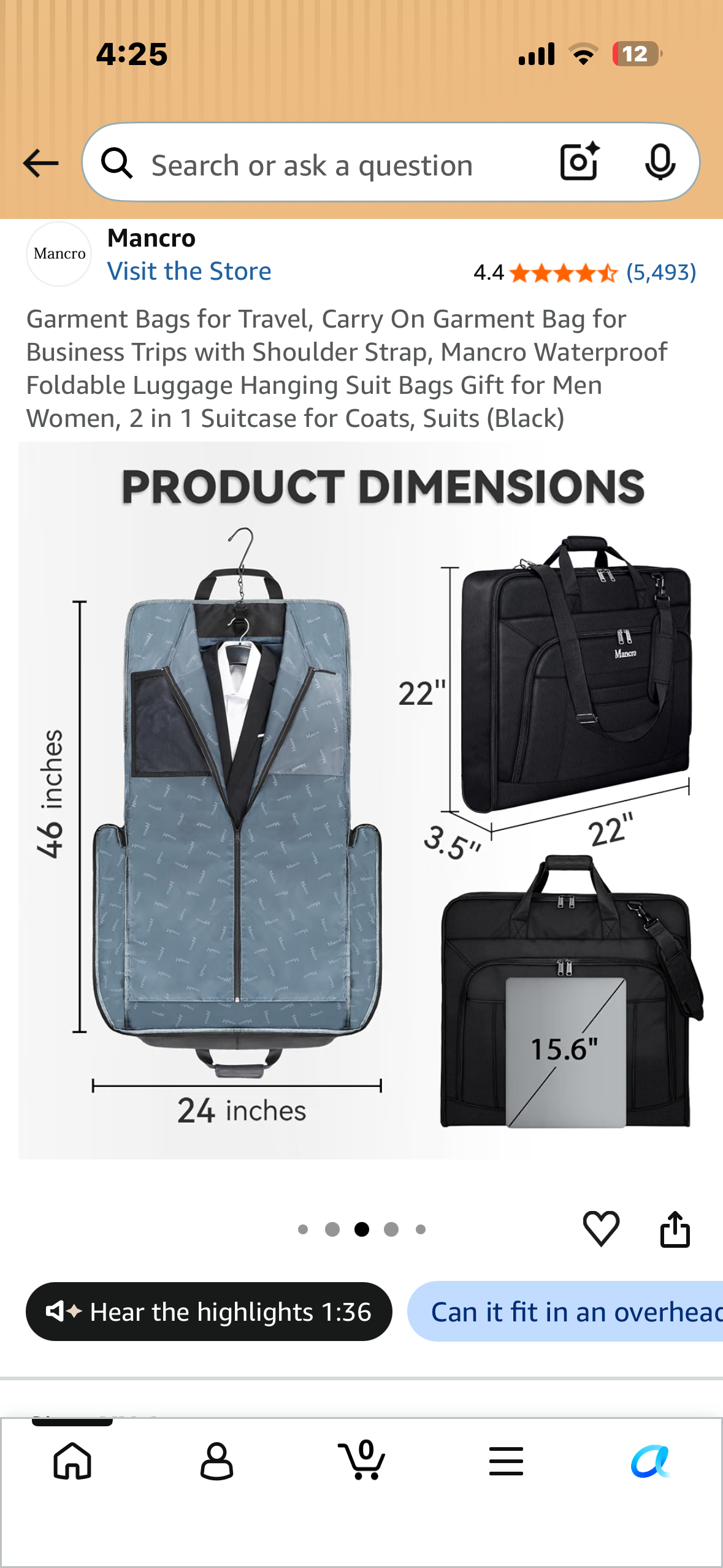 Garment Bag for Travel, Carry On Garment Bag with Shoulder Strap, Mancro Waterproof, Foldable Luggage Hanging Suit Bag, 2 in 1 Suitcase for Coats, Suits (Black)