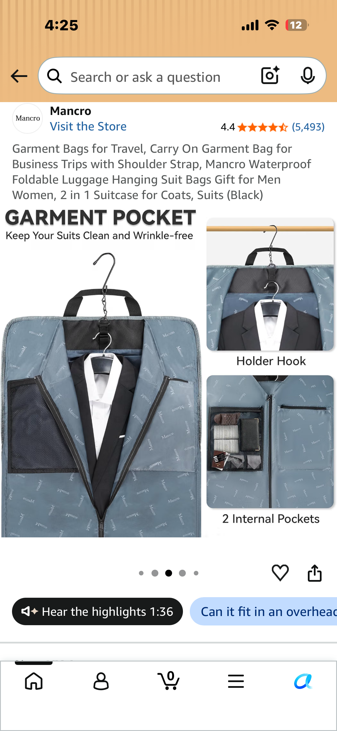 Garment Bag for Travel, Carry On Garment Bag with Shoulder Strap, Mancro Waterproof, Foldable Luggage Hanging Suit Bag, 2 in 1 Suitcase for Coats, Suits (Black)