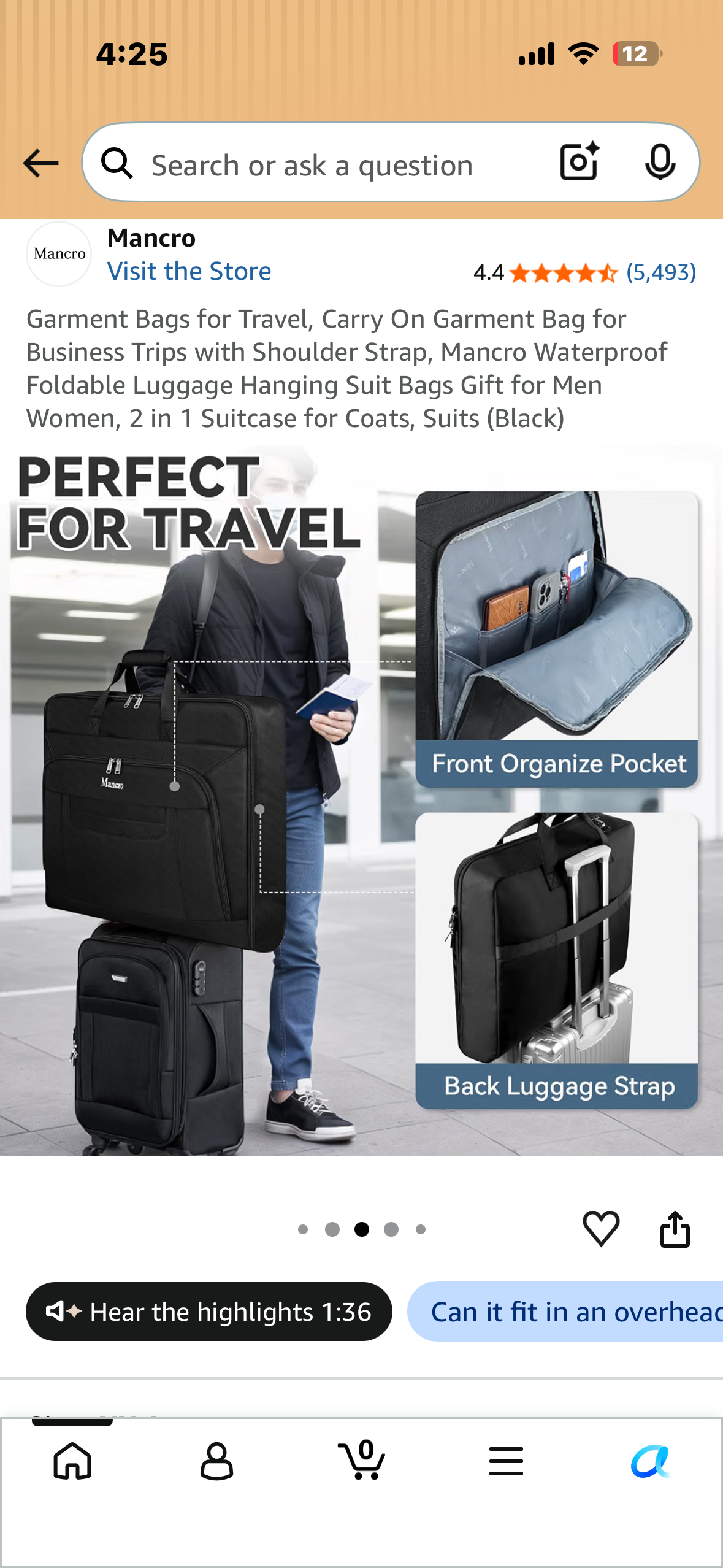 Garment Bag for Travel, Carry On Garment Bag with Shoulder Strap, Mancro Waterproof, Foldable Luggage Hanging Suit Bag, 2 in 1 Suitcase for Coats, Suits (Black)