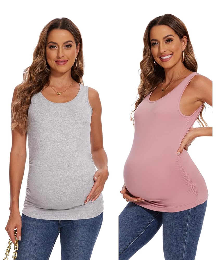 Women's Maternity Ruched Tank Tops, Pink and Grey (Size Medium)