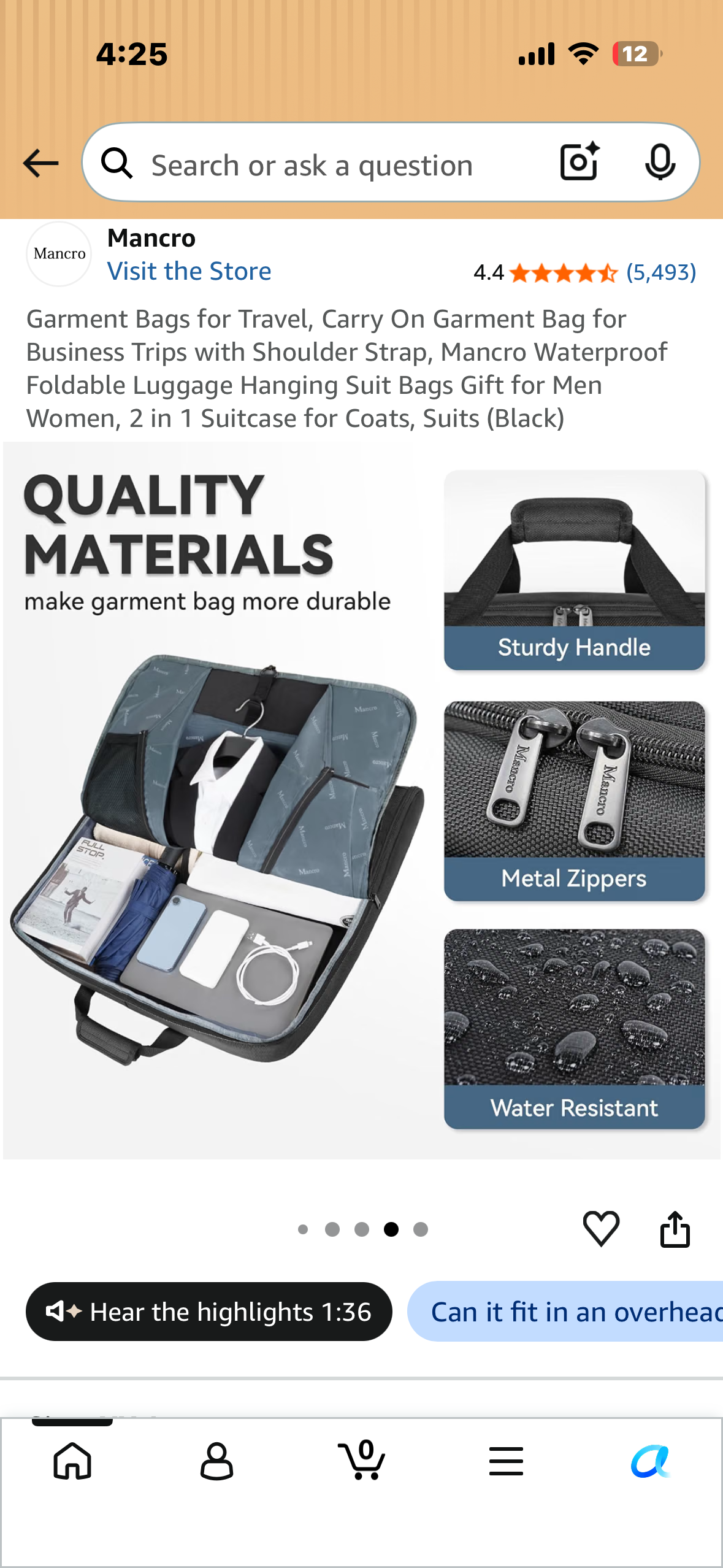 Garment Bag for Travel, Carry On Garment Bag with Shoulder Strap, Mancro Waterproof, Foldable Luggage Hanging Suit Bag, 2 in 1 Suitcase for Coats, Suits (Black)