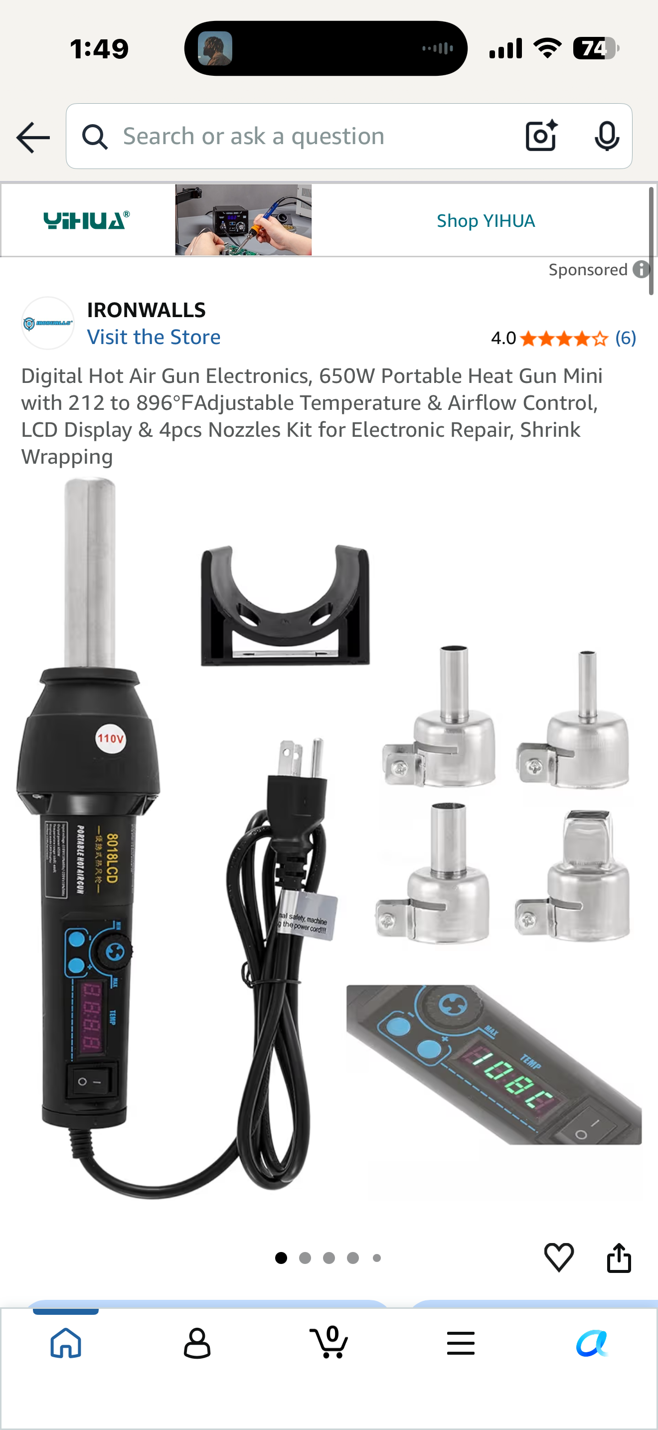 Digital Hot Air Gun Electronics, 650W Portable Heat Gun Mini with 212 to 896℉Adjustable Temperature & Airflow Control, LCD Display & 4pcs Nozzles Kit for Electronic Repair, Shrink Wrapping