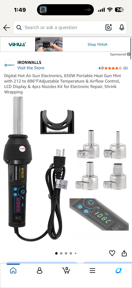 Digital Hot Air Gun Electronics, 650W Portable Heat Gun Mini with 212 to 896℉Adjustable Temperature & Airflow Control, LCD Display & 4pcs Nozzles Kit for Electronic Repair, Shrink Wrapping