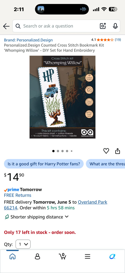 Personalized.Design Counted Cross Stitch Bookmark Kit 'Whomping Willow' - DIY Set for Hand Embroidery