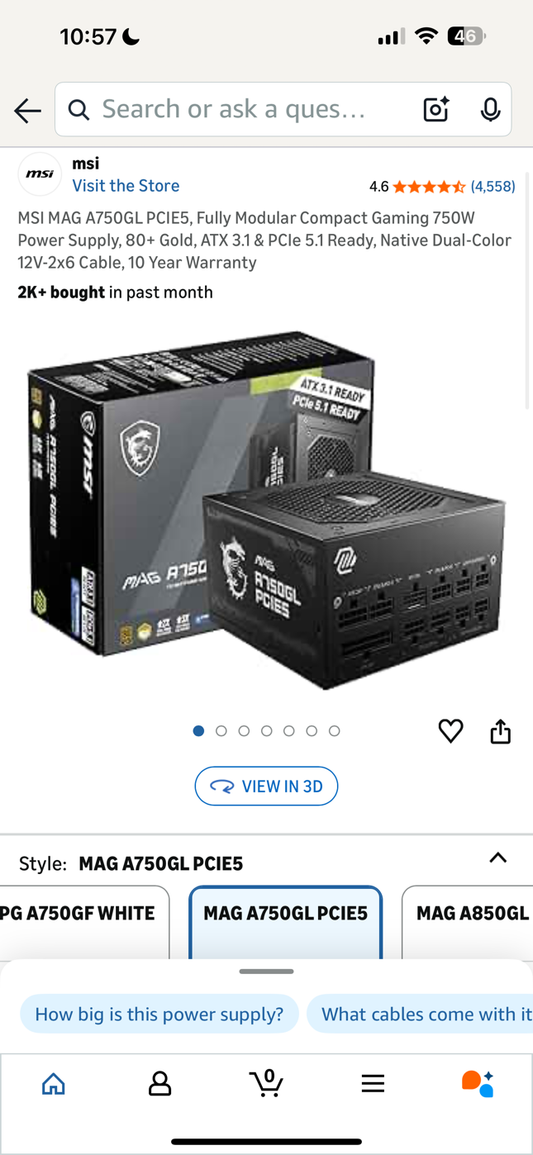 MSI MAG A750GL PCIE5, Fully Modular Compact Gaming 750W Power Supply