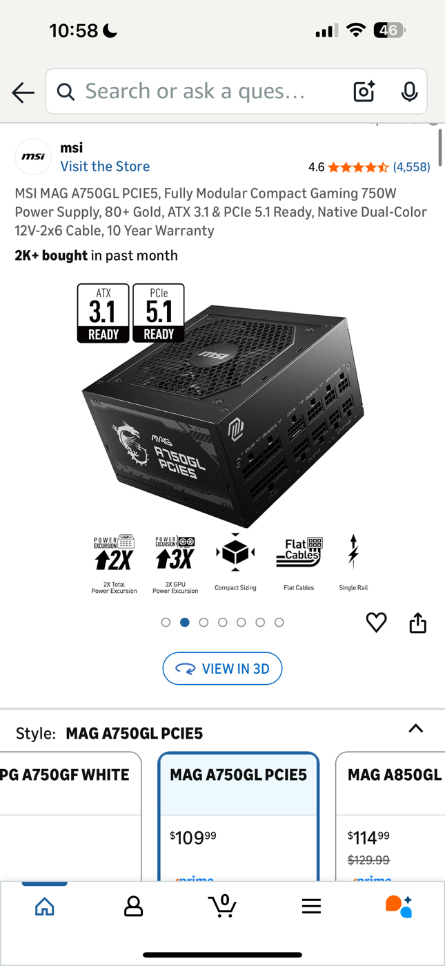 MSI MAG A750GL PCIE5, Fully Modular Compact Gaming 750W Power Supply